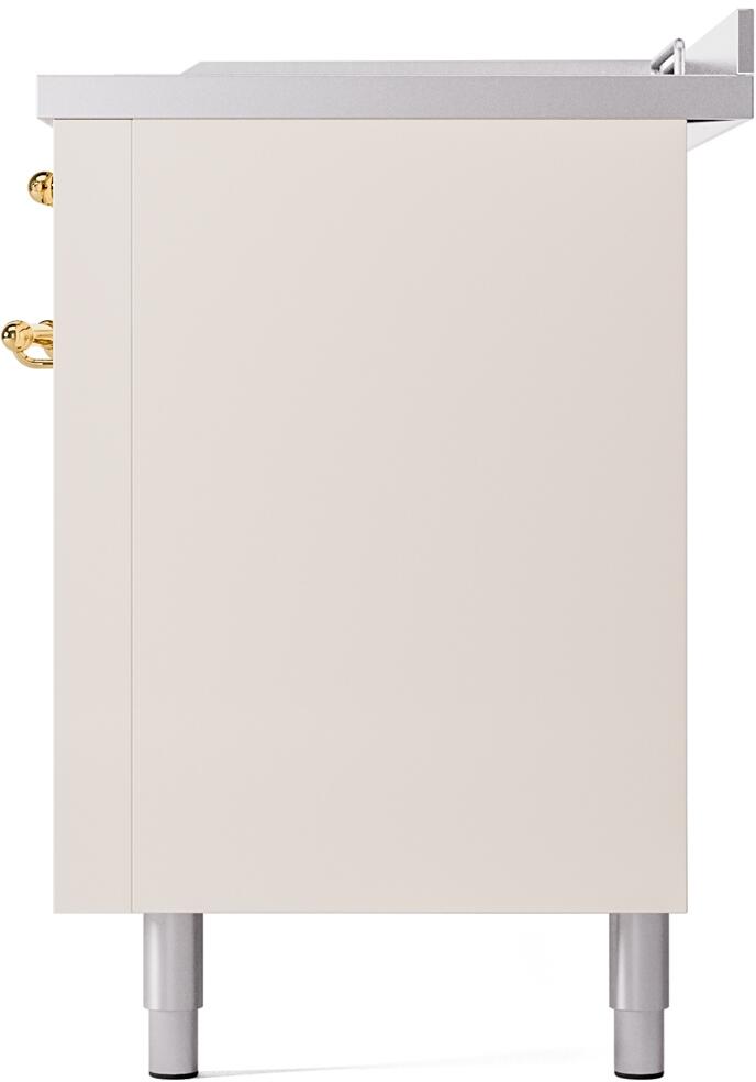 Antique white range cabinet side with brass detail and four leveling feet.