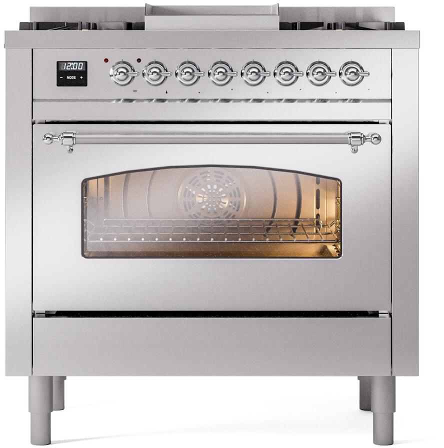Stainless range front with chrome control knobs and glass oven door window