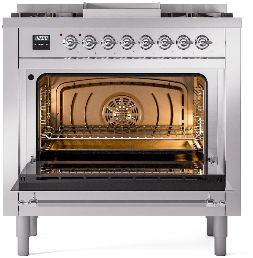 Stainless oven with open door, interior racks, and convection airflow