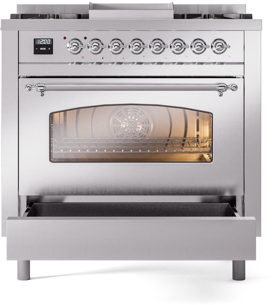 Stainless oven open to the lower rack with convection airflow channels