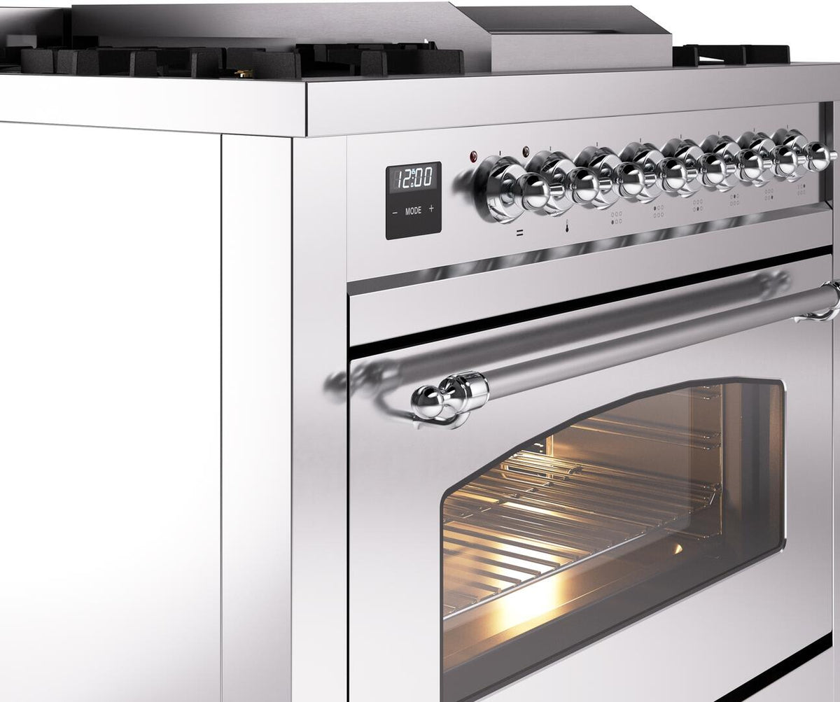 Stainless steel dual fuel range with chrome control bar, oven handle, and glass oven door