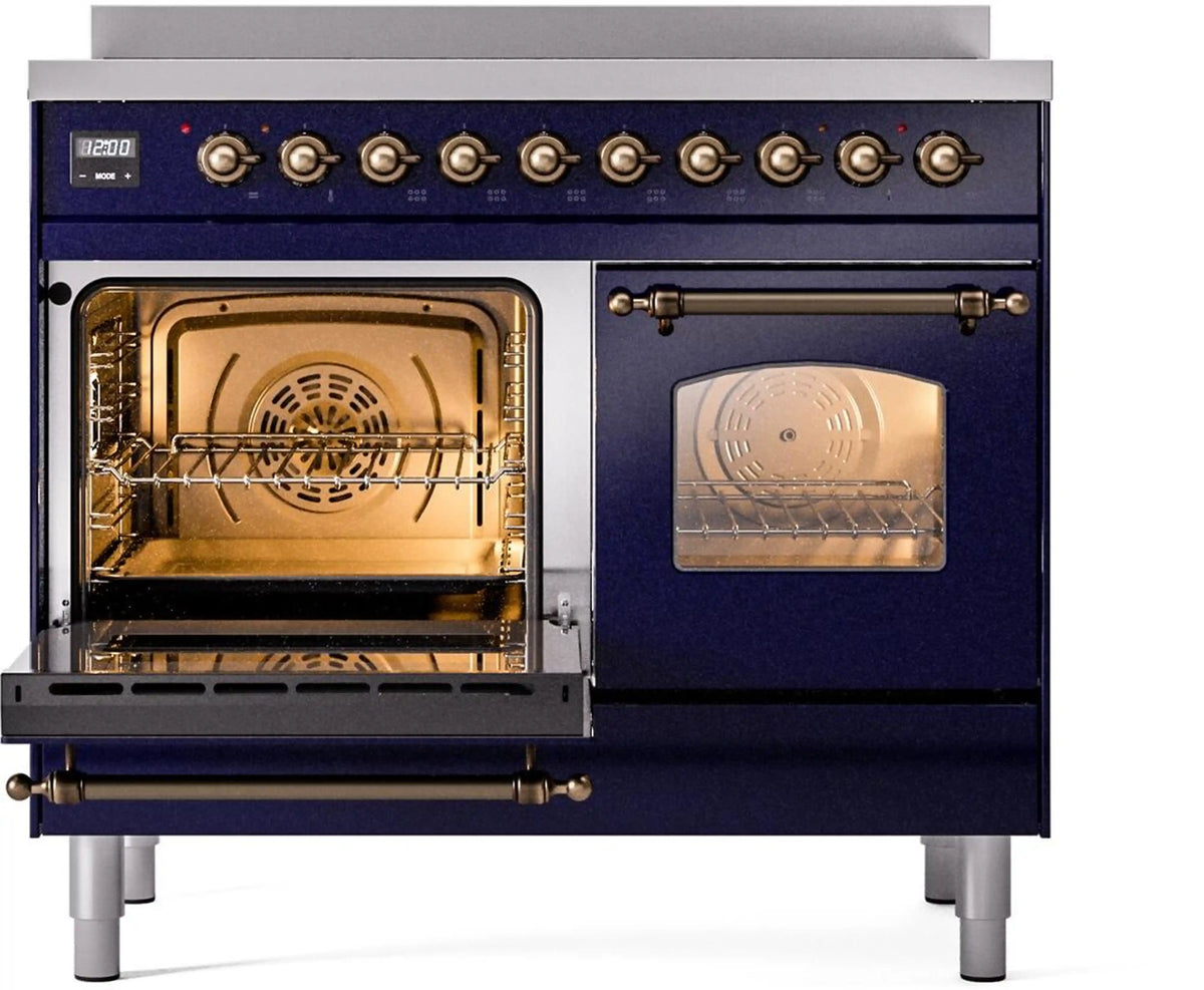 Freestanding induction range in midnight blue with open left oven door and closed right door