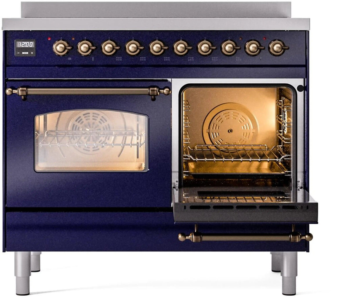 Midnight blue range with bronze handle trim, open oven door on right, left door closed