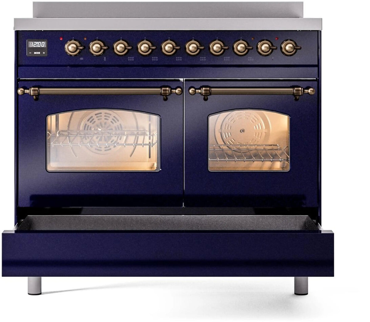 Midnight blue electric induction range with two oven windows and bronze control knobs