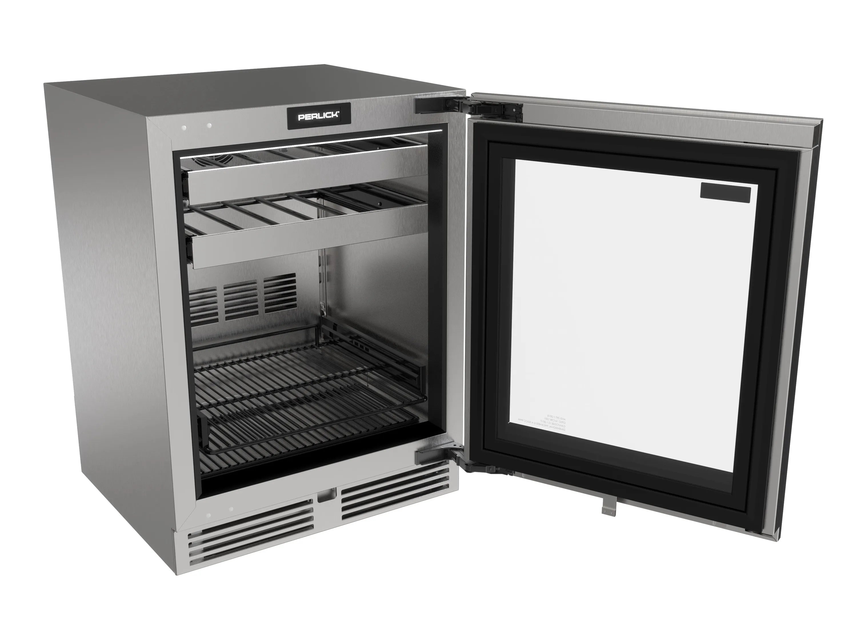 Undercounter beverage center with open door, stainless frame, and empty interior shelves