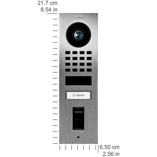 Tall stainless steel video door station with camera lens and number keypad