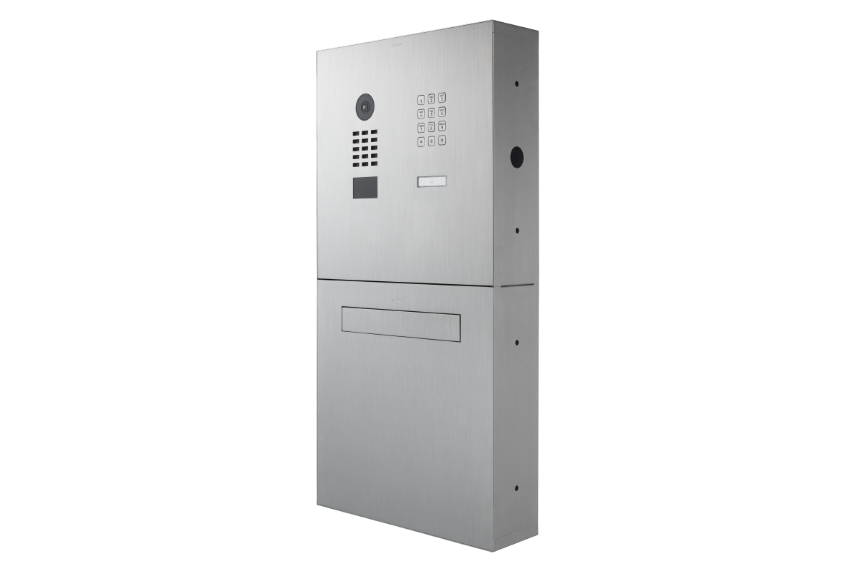 DoorBird video fence letterbox door station in brushed metal with keypad and call button