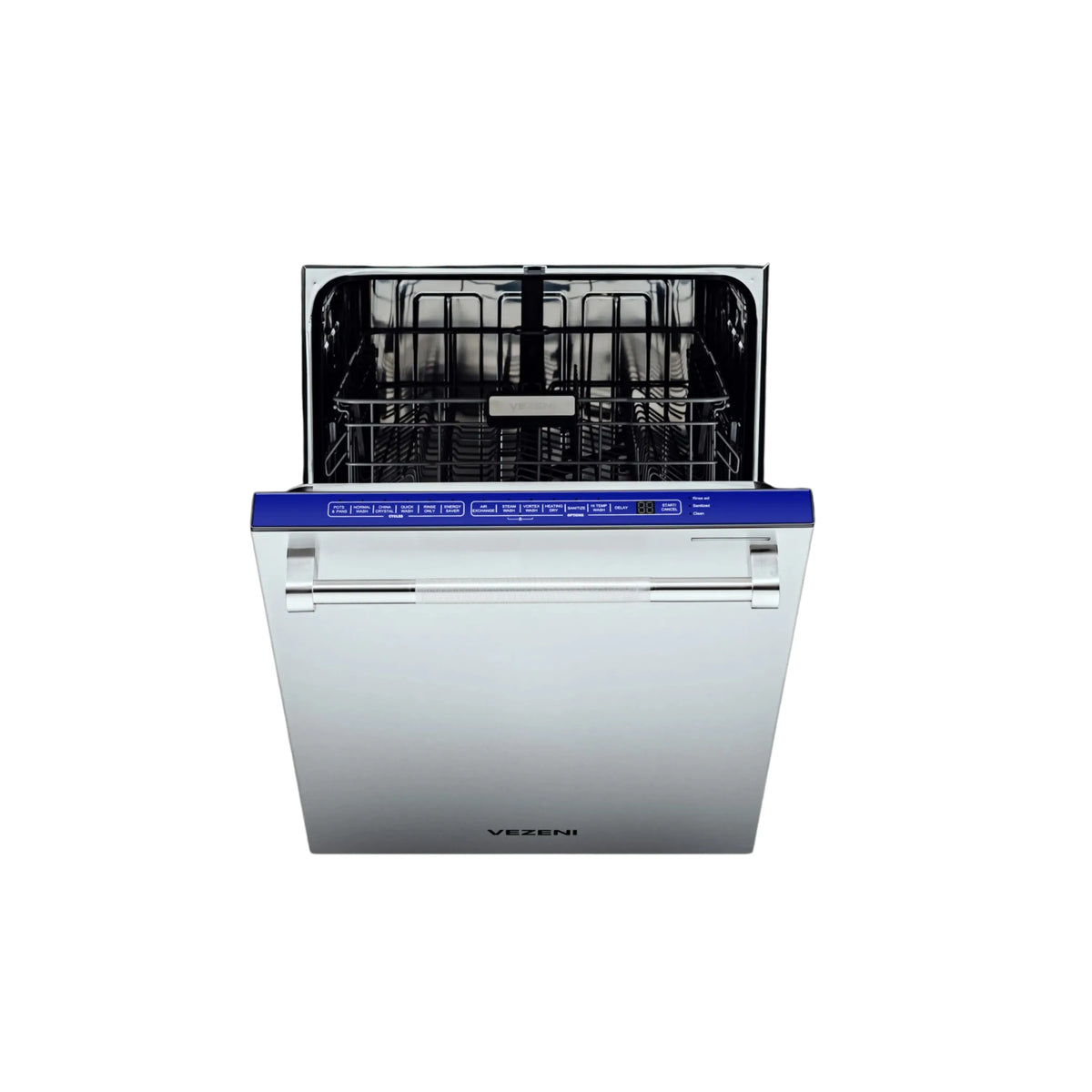 2-rack dishwasher with open door, blue control strip and stainless front