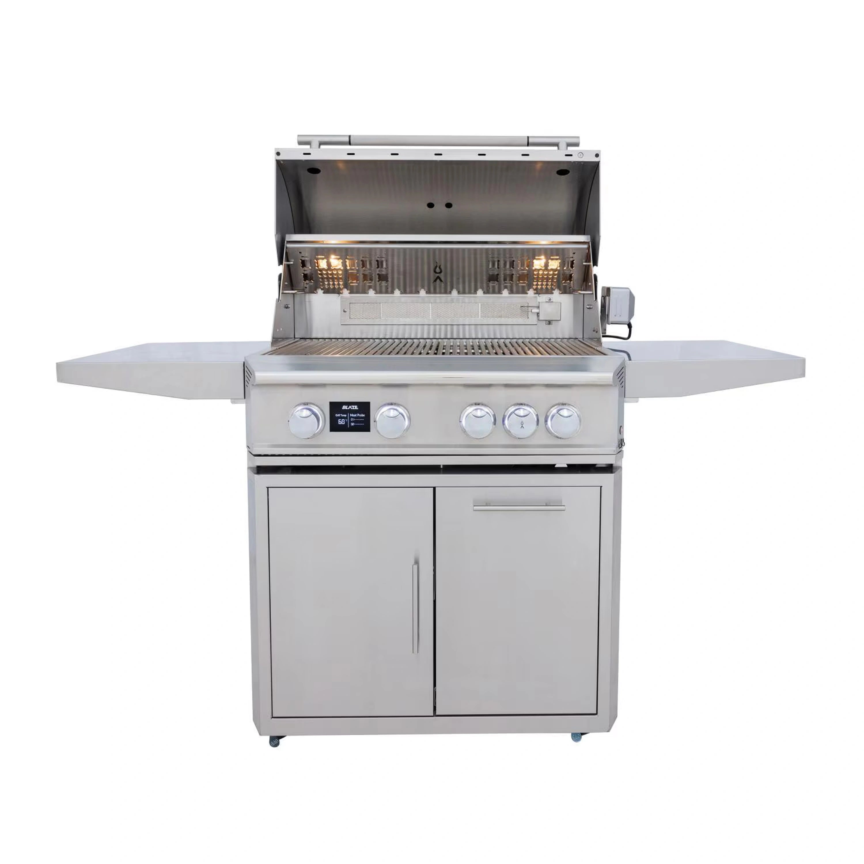 Stainless steel Blaze gas grill cart with open lid and front control knobs