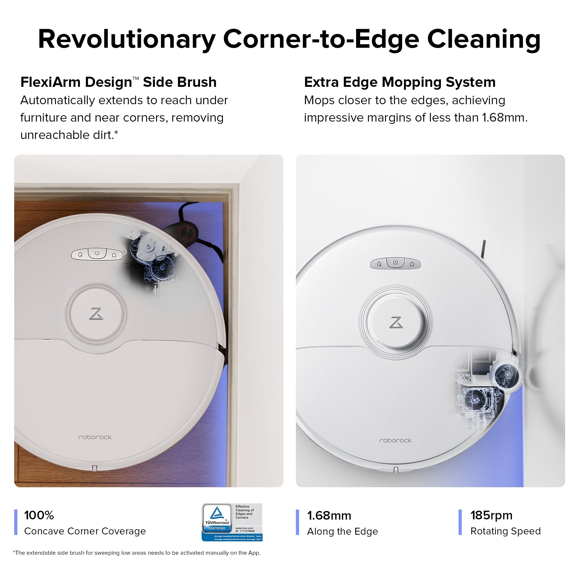 White Roborock robot vacuum with side brush for corner and edge cleaning