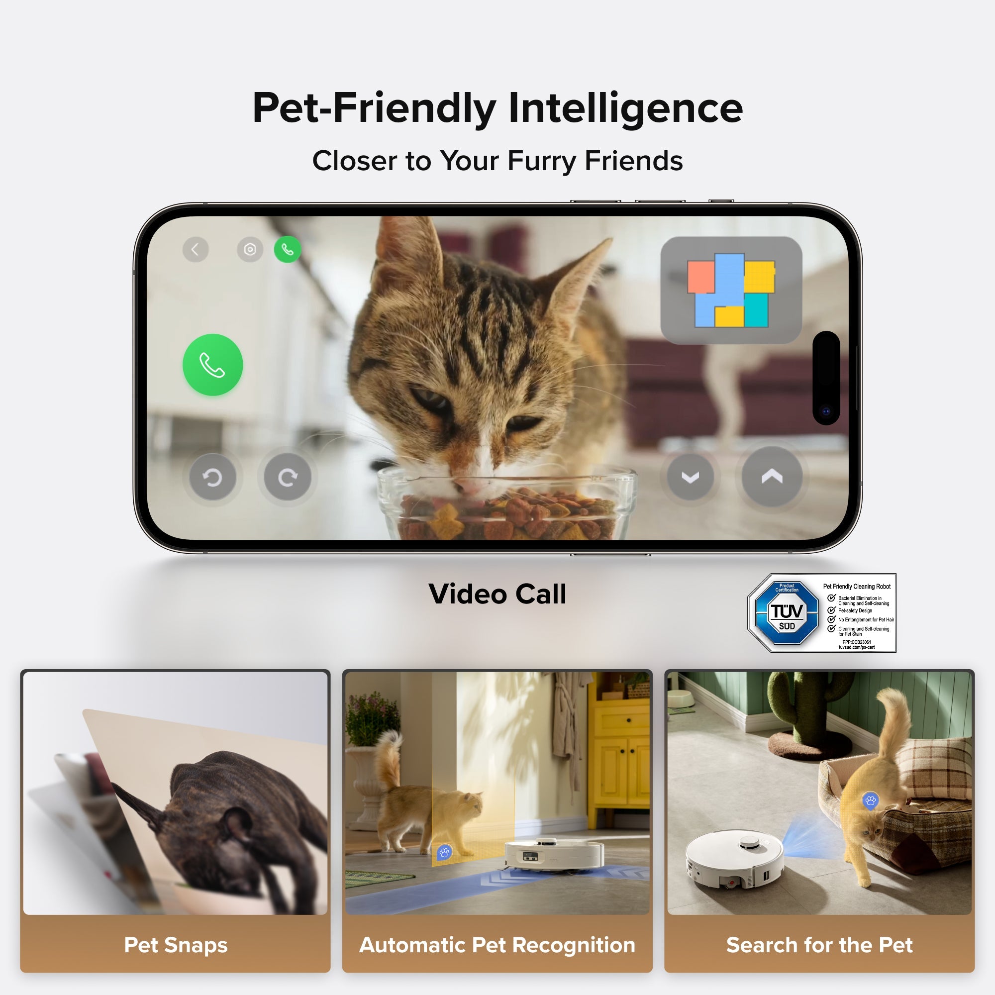 Roborock app interface on smartphone for controlling a robot vacuum and viewing pets