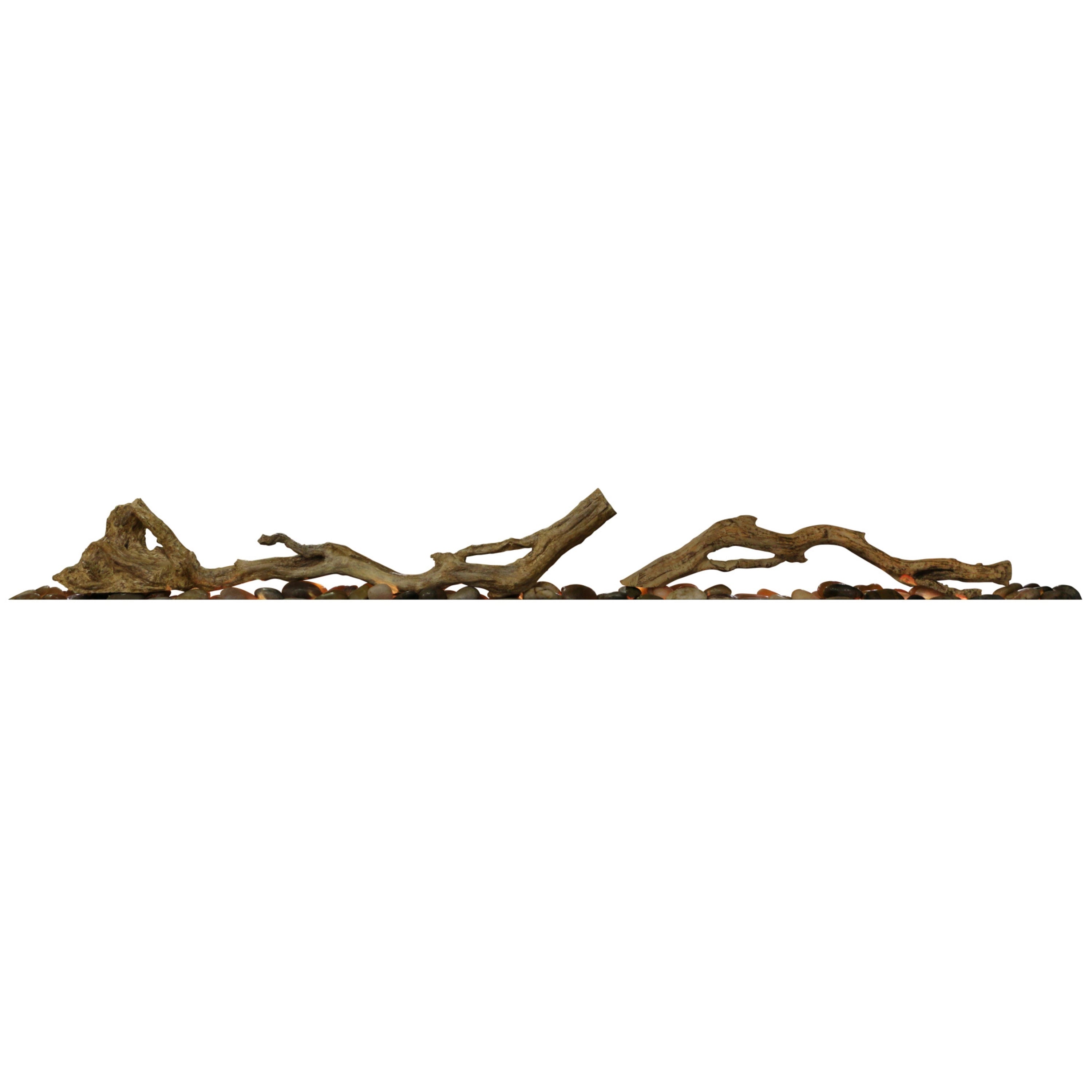 Driftwood logs and river rocks for linear fireplace decorative ember bed on white background