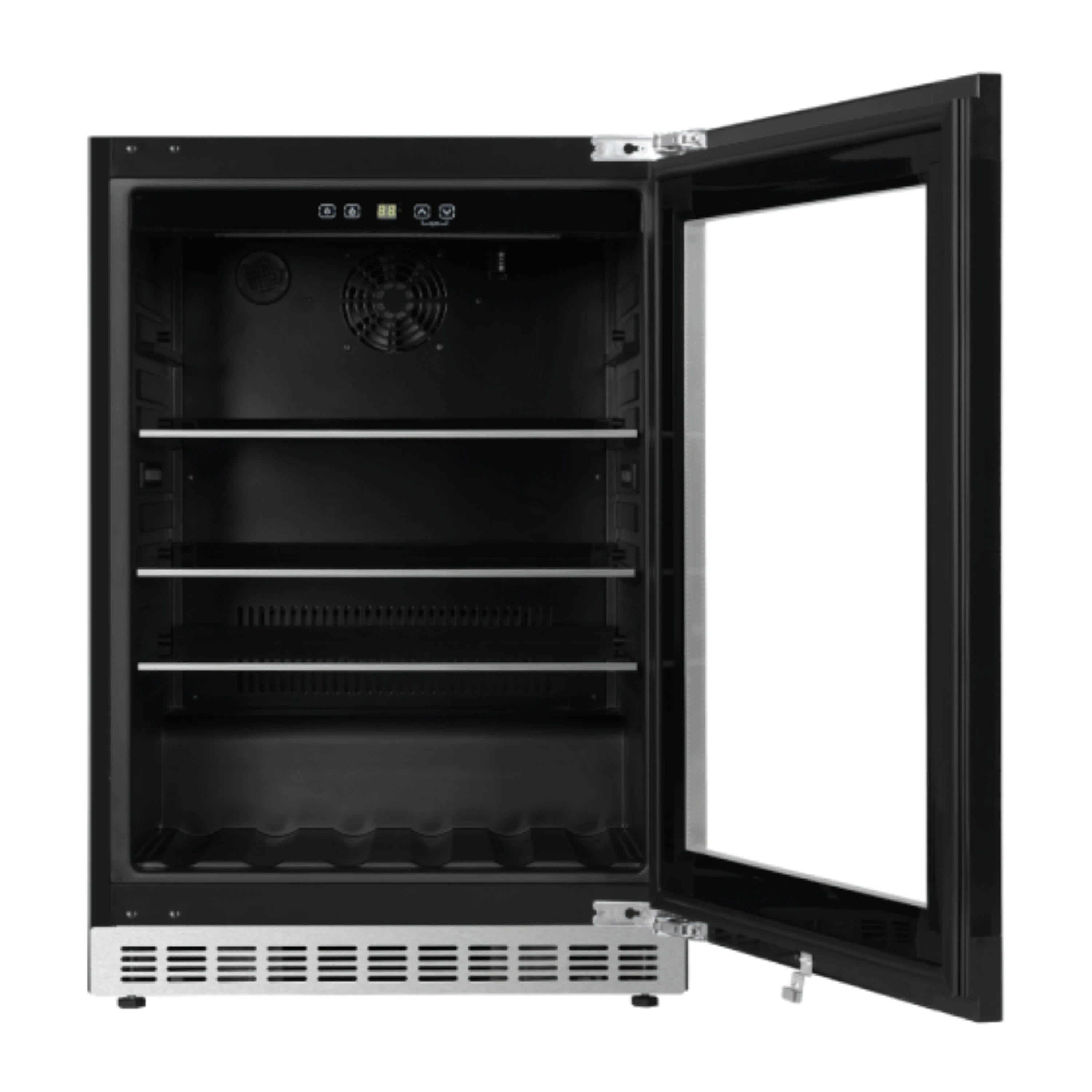 Stainless steel beverage center with open door, dark interior, fan and wire shelves