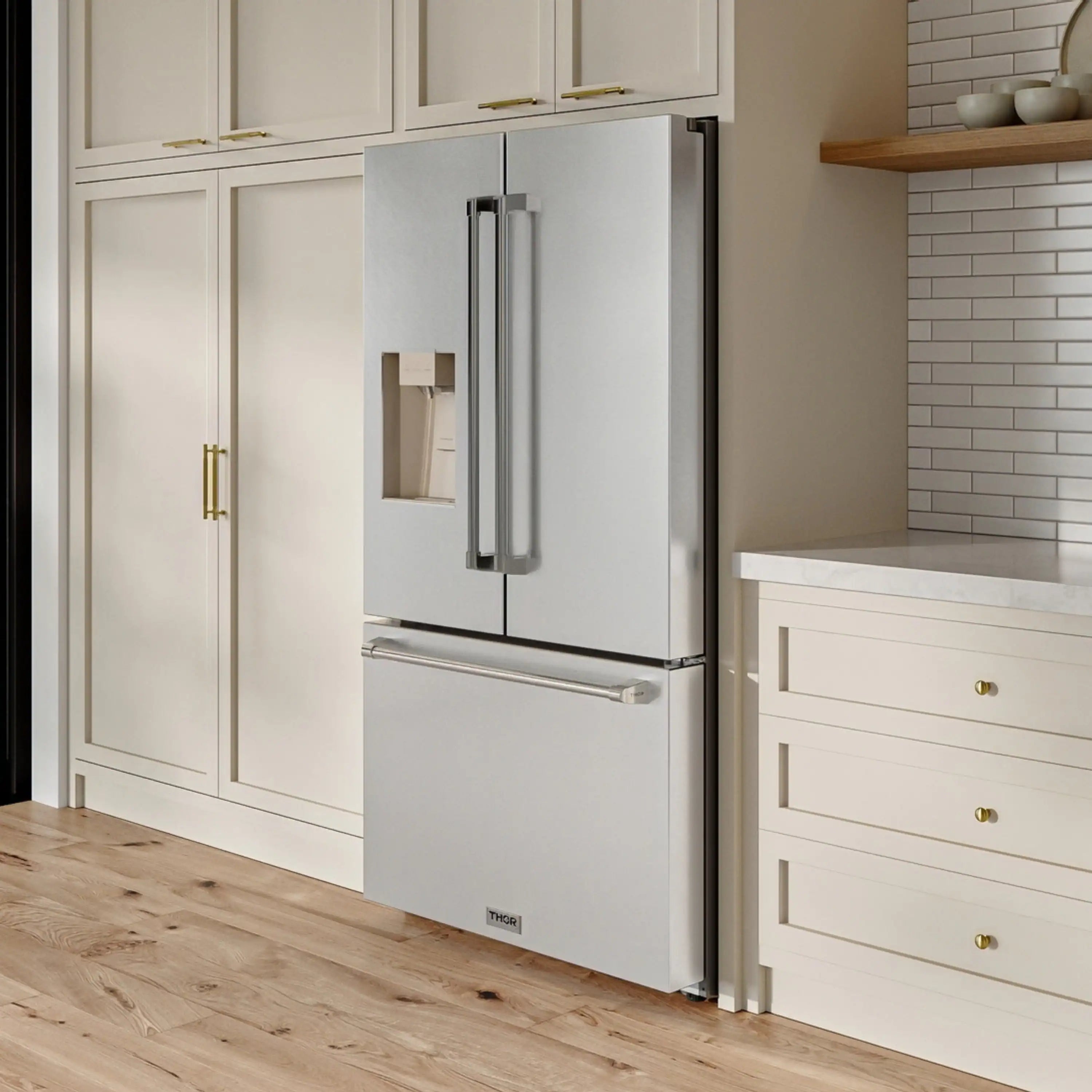 Stainless steel French door refrigerator with water dispenser, tall handles, and bottom freezer