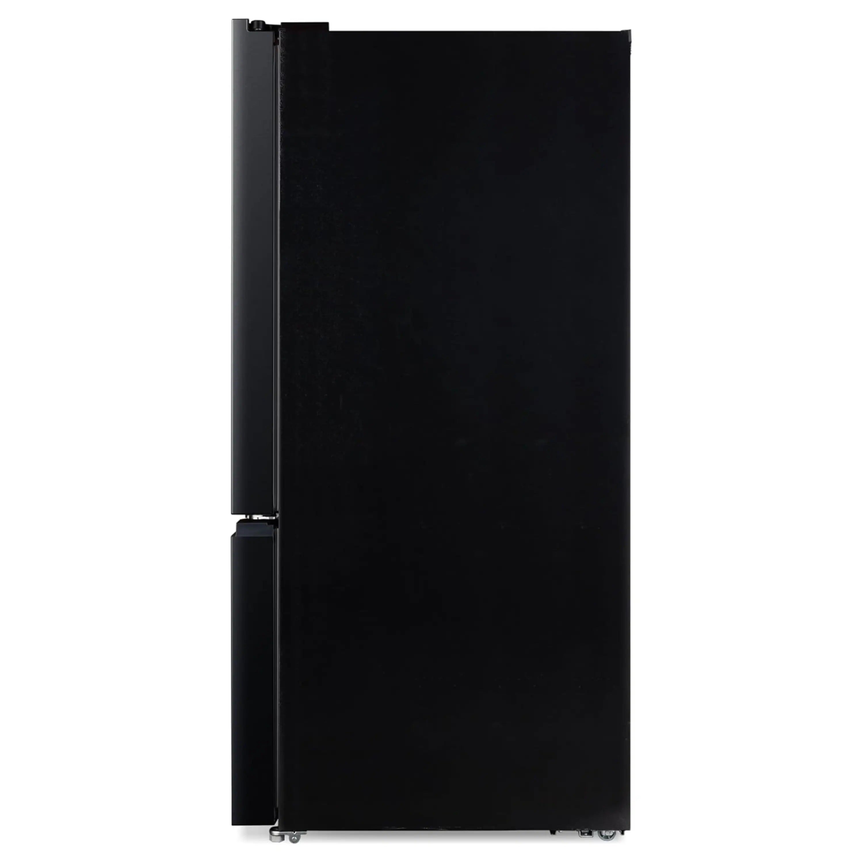 Matte black French door refrigerator side view with vertical door seams
