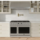Stainless steel Thor 48-inch gas range with dual ovens and black glass doors