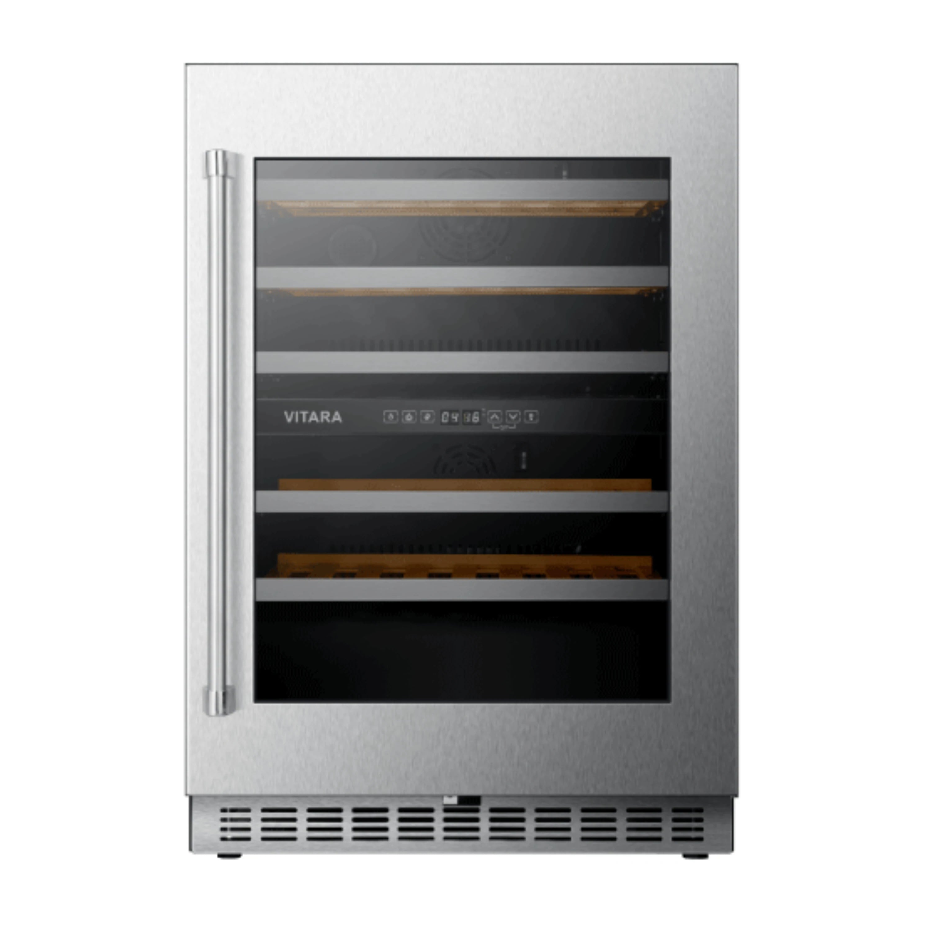 Vitara 24-inch dual zone wine cooler, stainless front with handle and visible wine racks