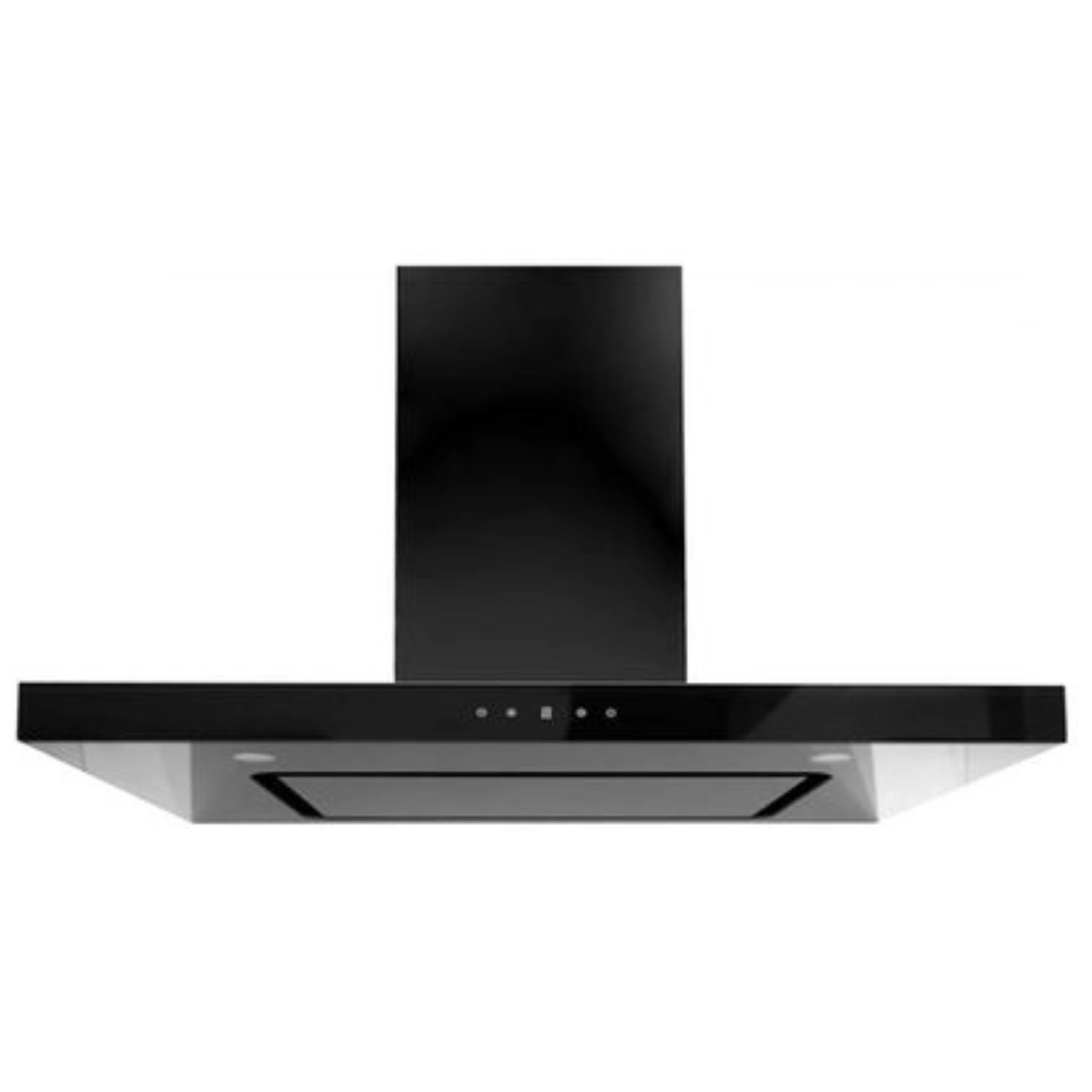 Matte black wall-mount range hood with front filter opening and button cluster
