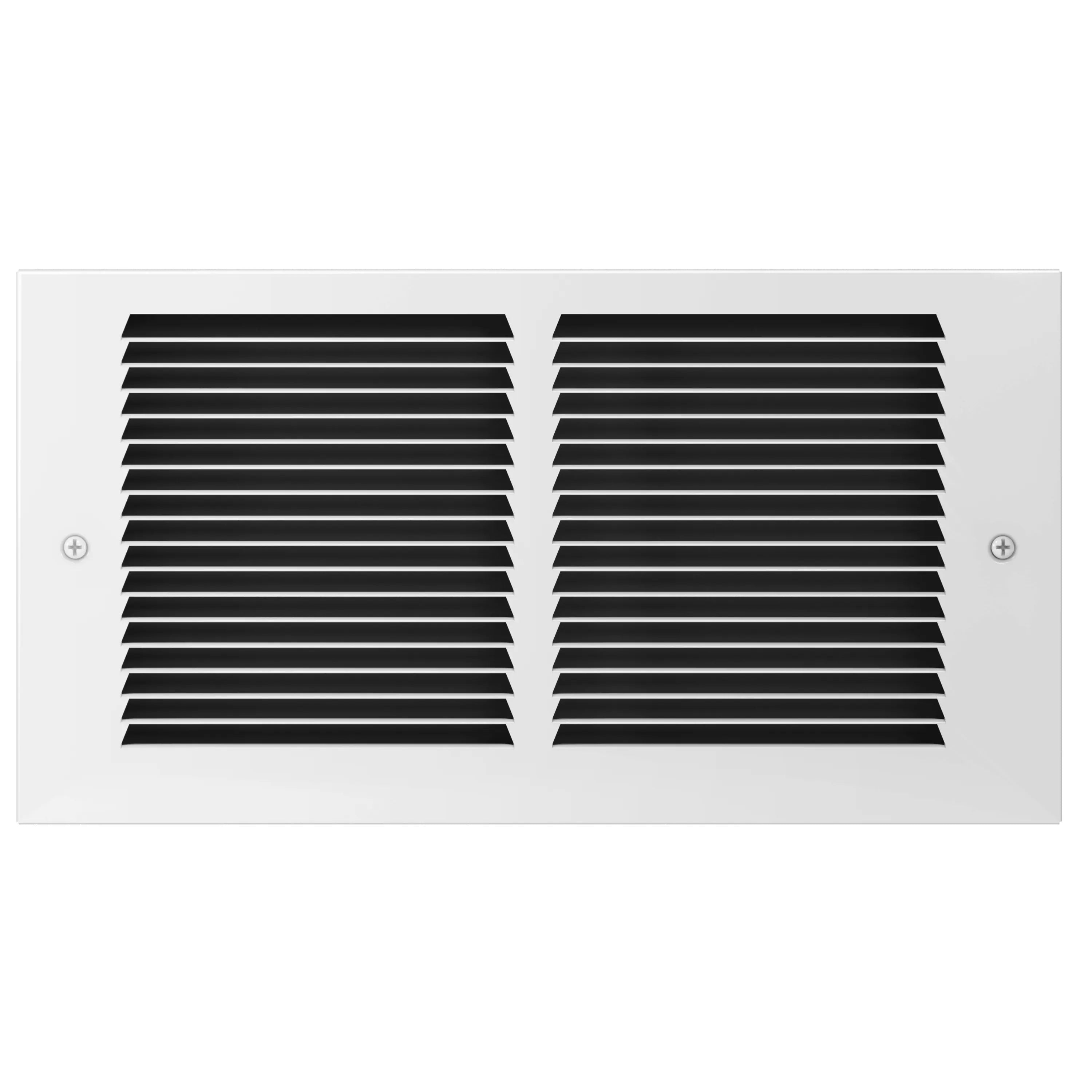 Air intake grille with white rectangular frame and two black slat vent halves