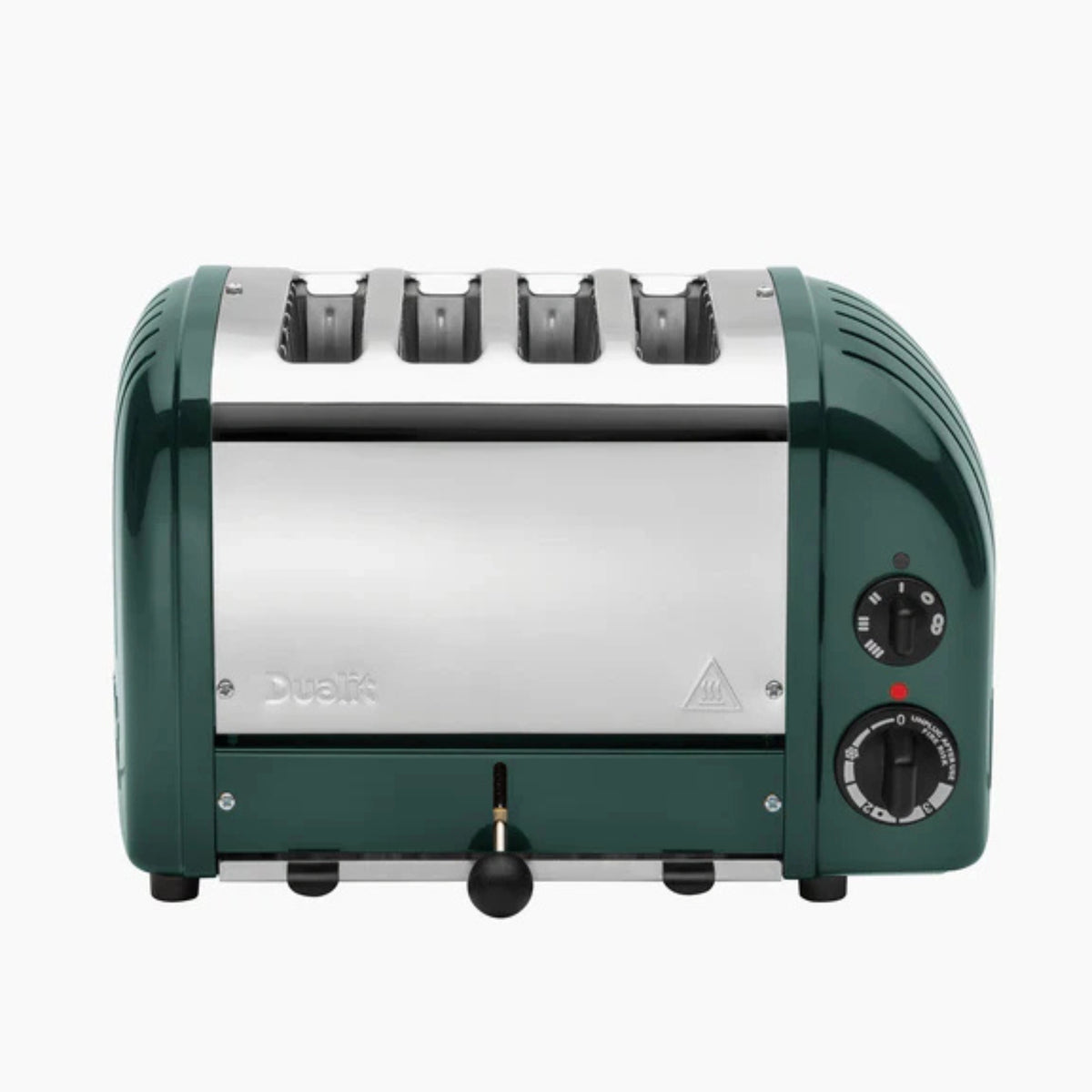 Evergreen Dualit 4-slice toaster, chrome face with front temperature and timer dials.