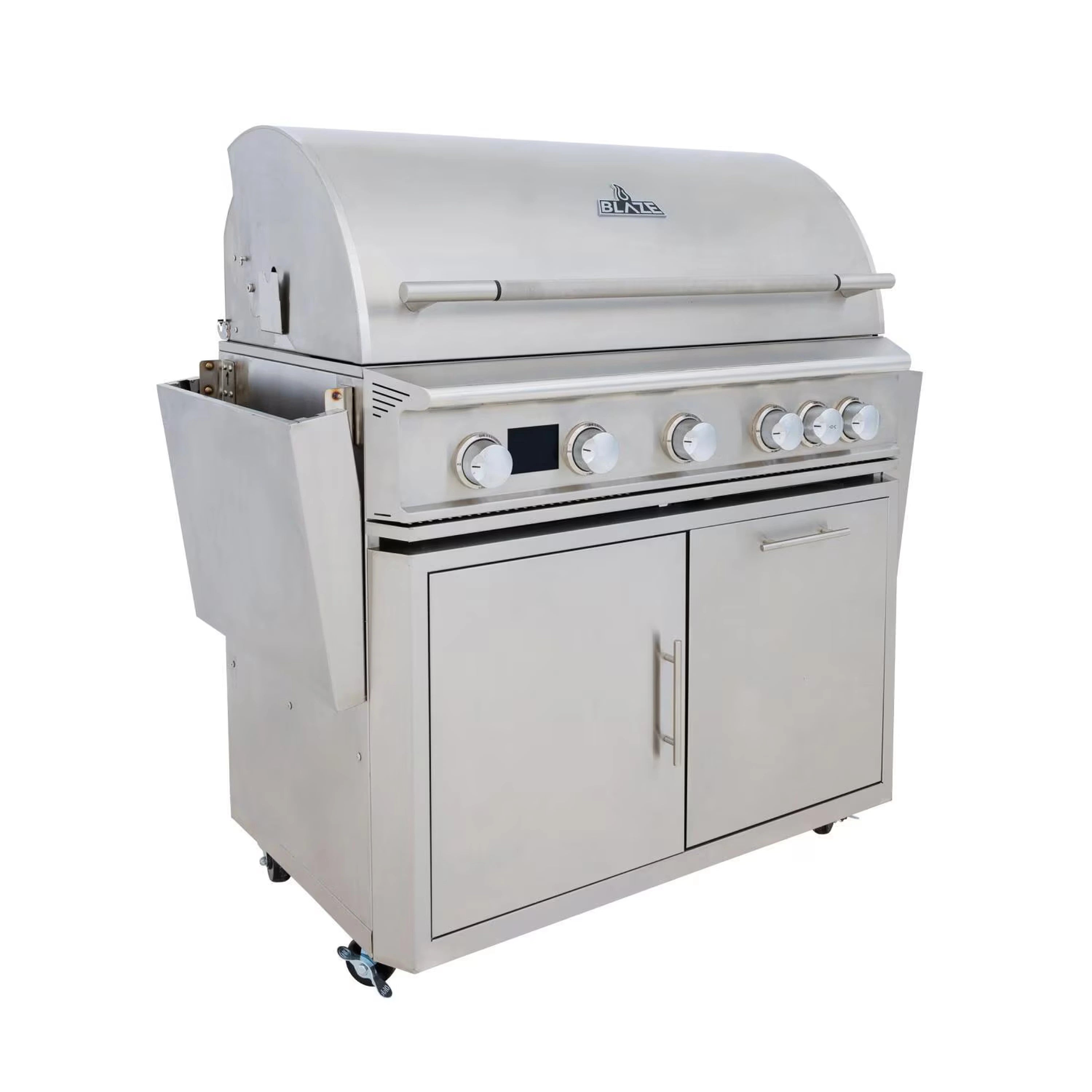 Stainless steel gas grill cart with lid, control knobs, and cabinet doors on wheels