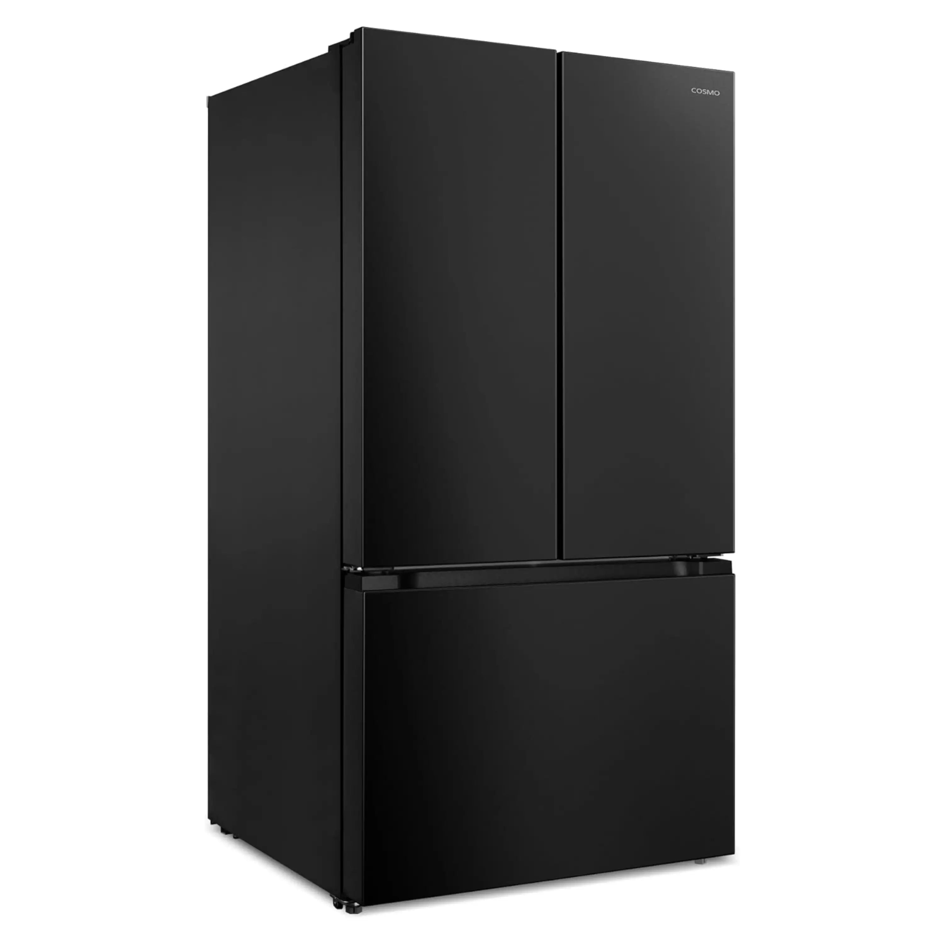 Matte black French door refrigerator front view with split upper doors and bottom freezer