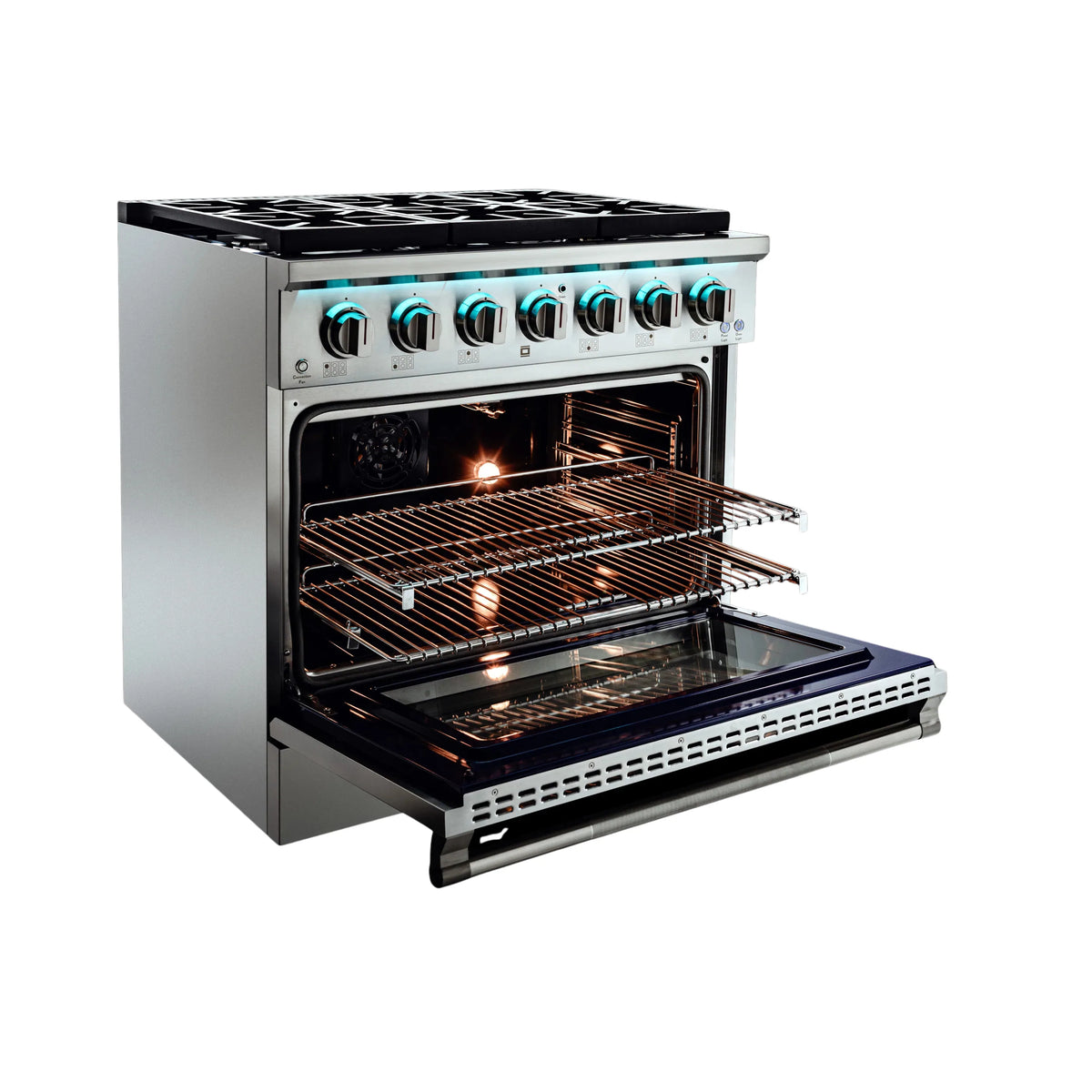 Stainless steel dual fuel range with open oven door and heated oven racks