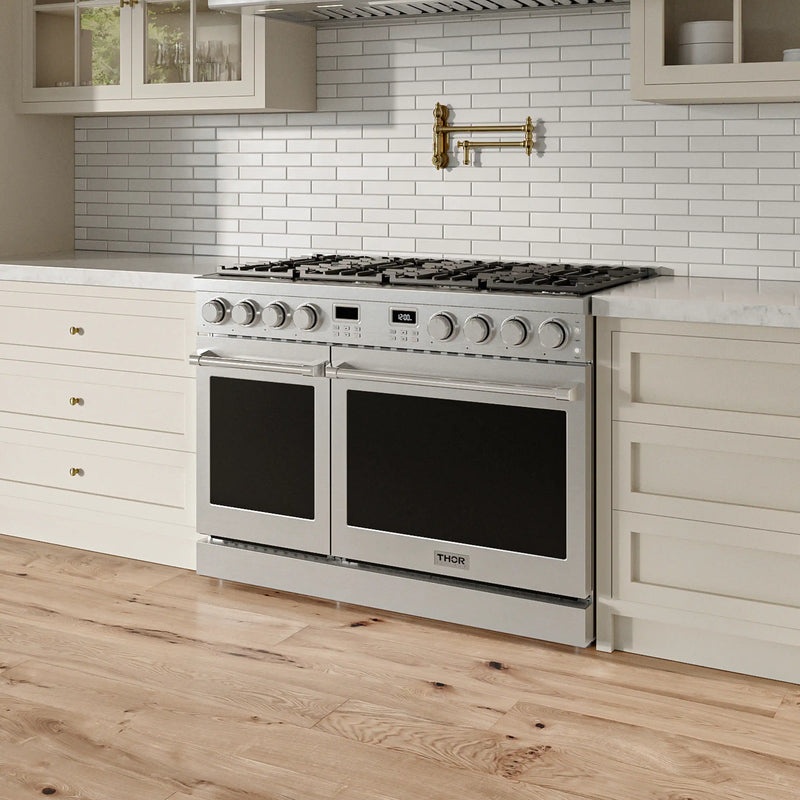 Thor Kitchen A-Series 5-Piece Appliance Package - 48-Inch Gas Range, Pro-Style Wall Mount Range Hood, Refrigerator, Dishwasher, and Microwave in Stainless Steel