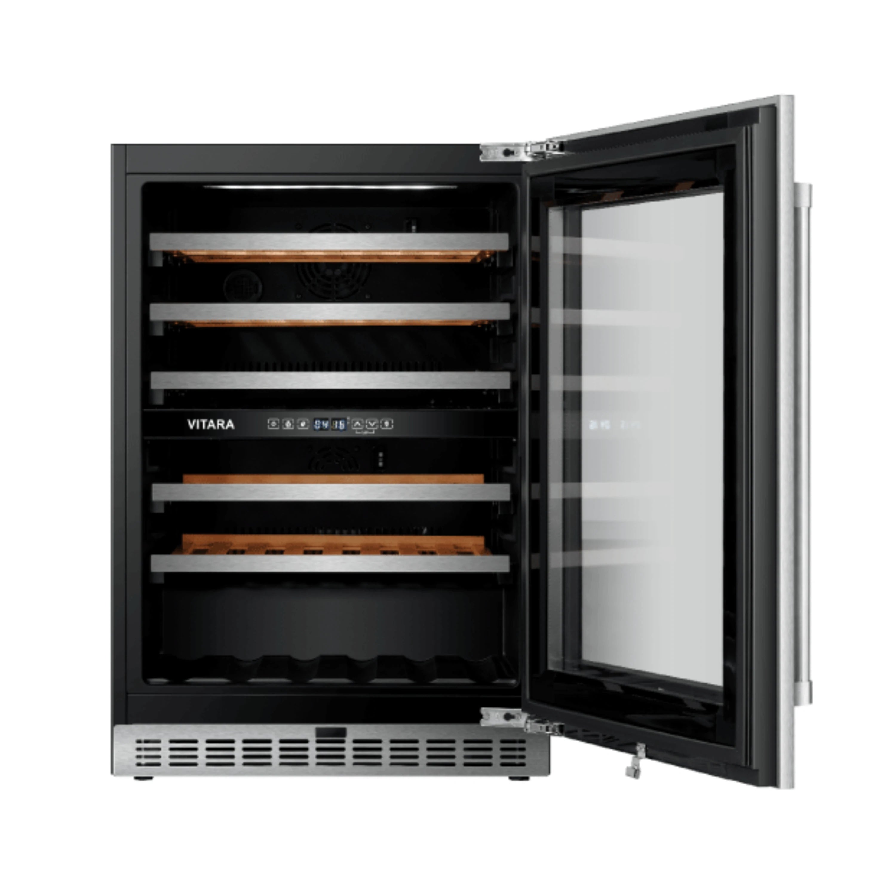 Vitara 24-inch dual zone wine cooler, open door with wire racks and black interior