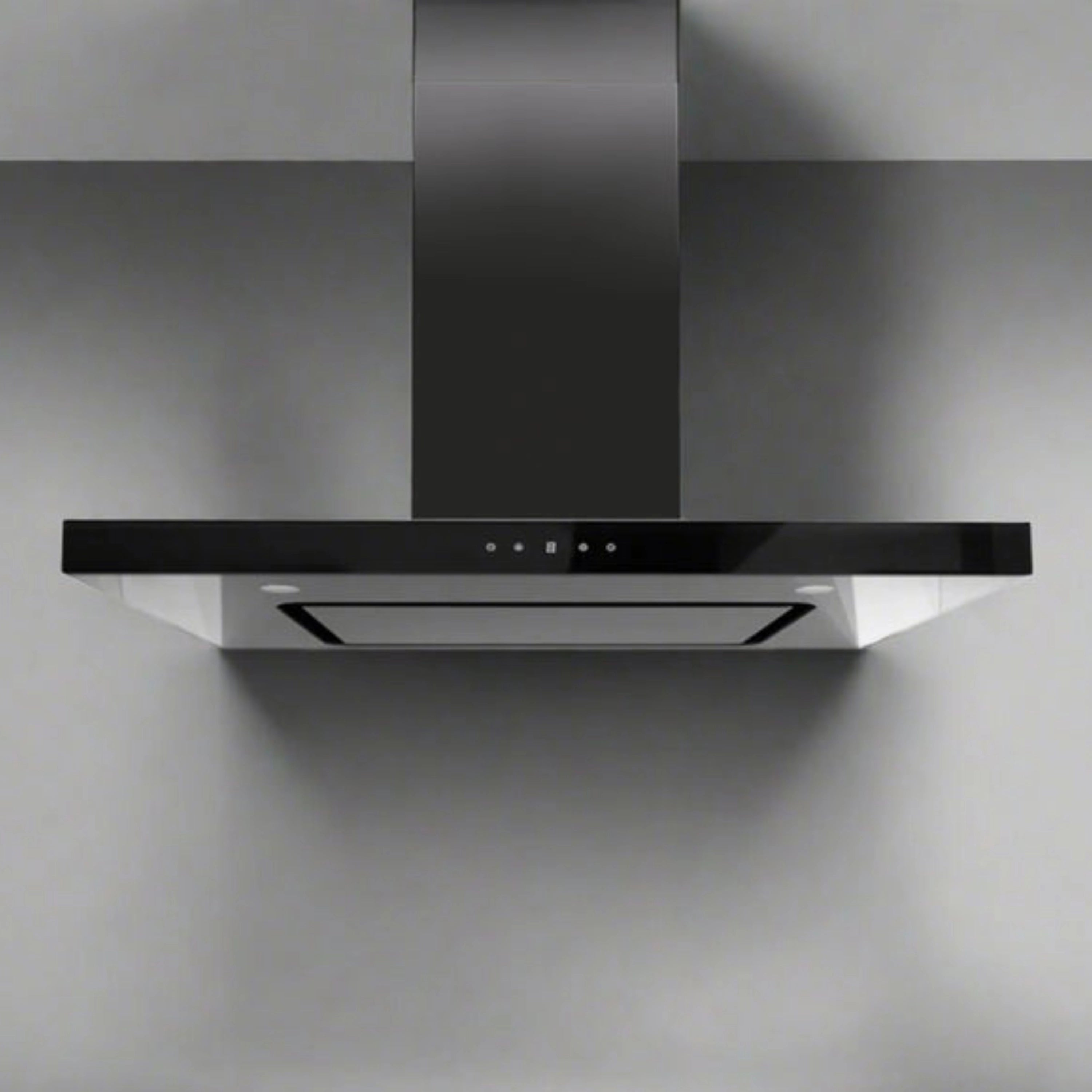 Matte black wall-mounted range hood with chimney duct cover and control LEDs