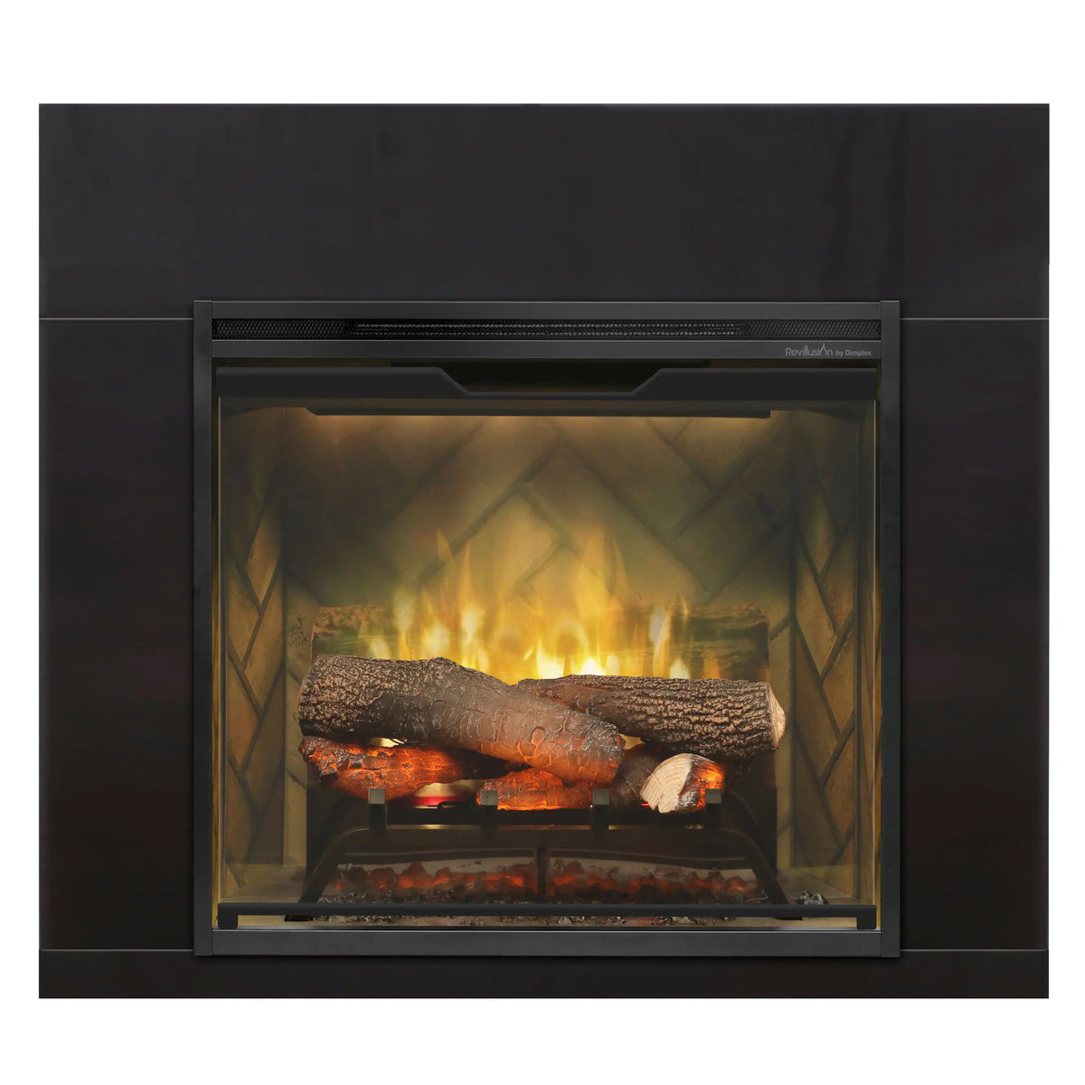 Dimplex Revillusion 36-inch installation trim frame in black, with open firebox viewing