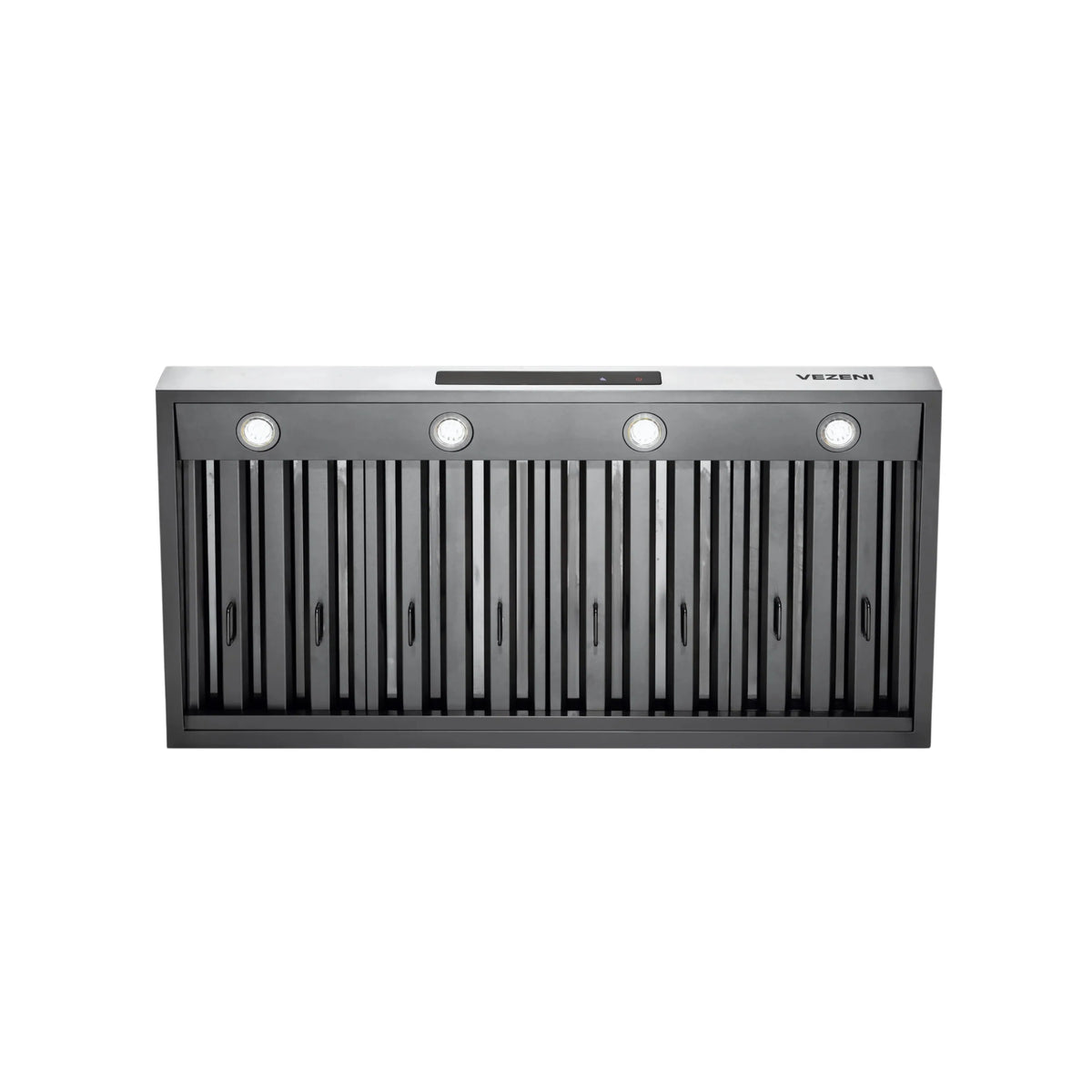 Stainless steel range hood underside with four round lights and vertical baffle vents