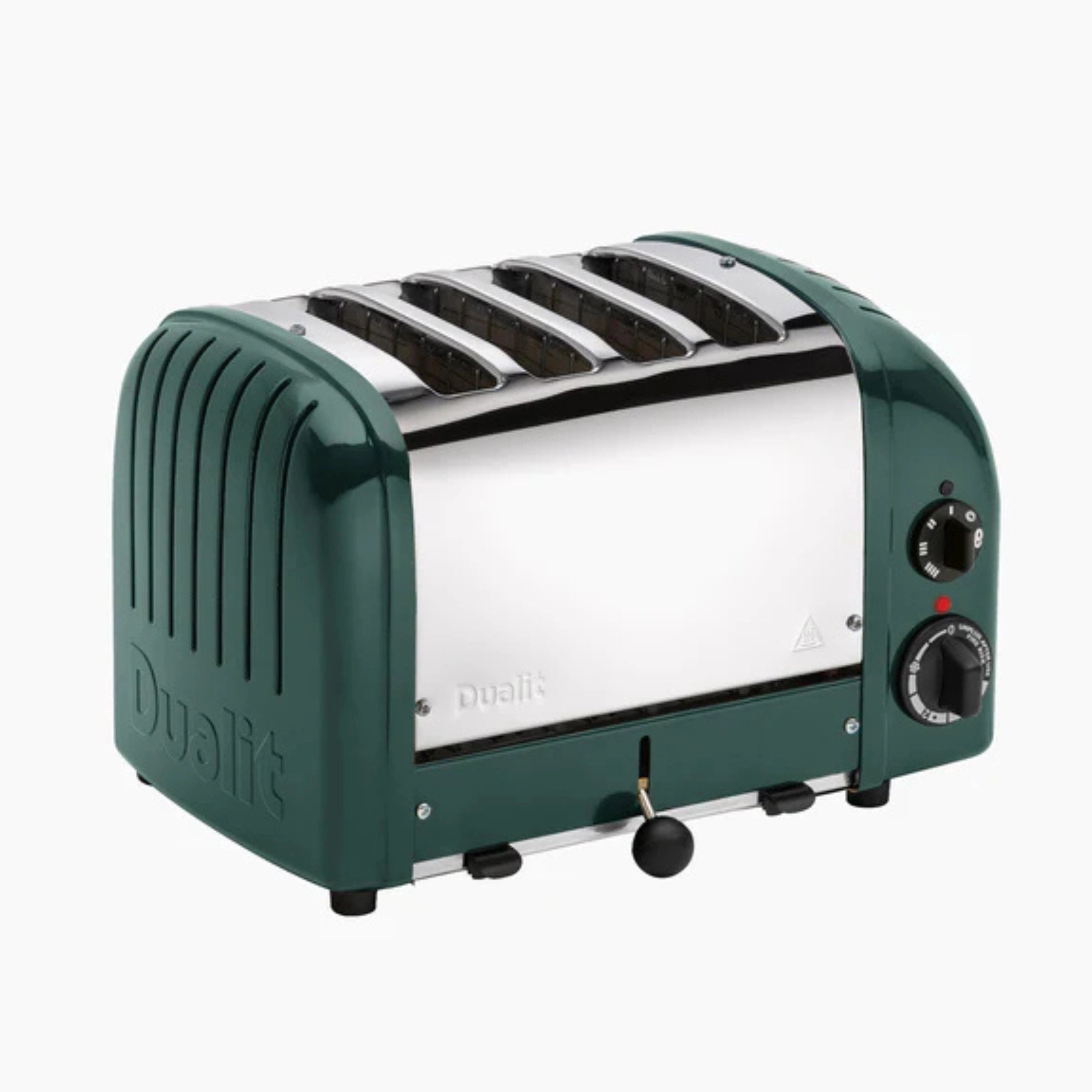 Evergreen Dualit 4-slice toaster, angled view of top slots and side knobs.