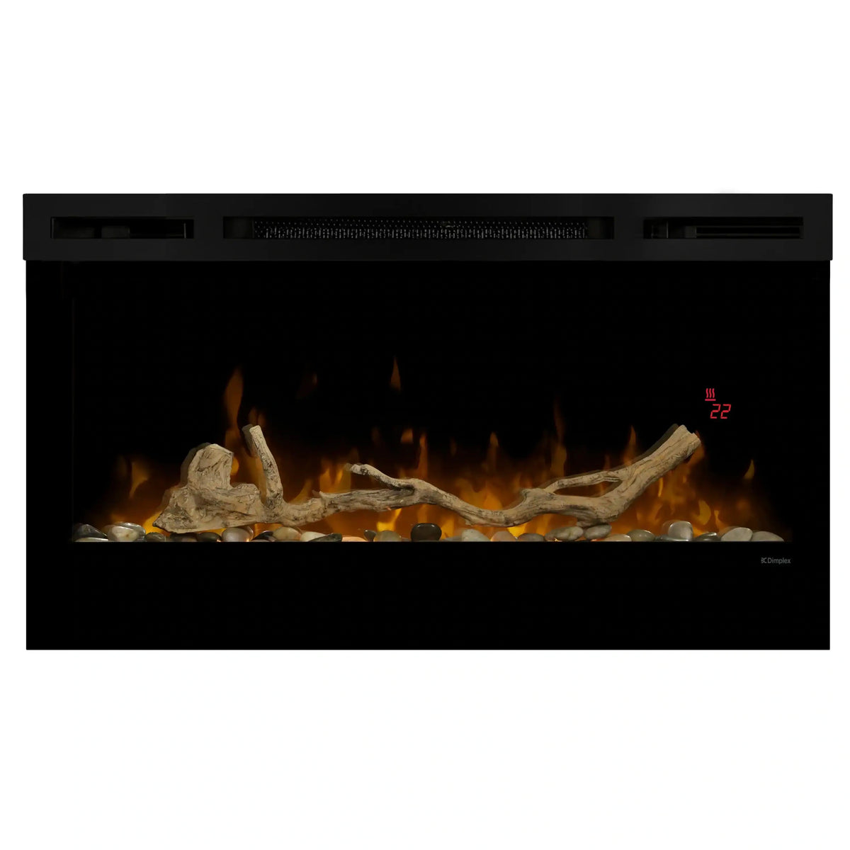 Driftwood and river rock insert pieces for linear fireplace, flames over the bed