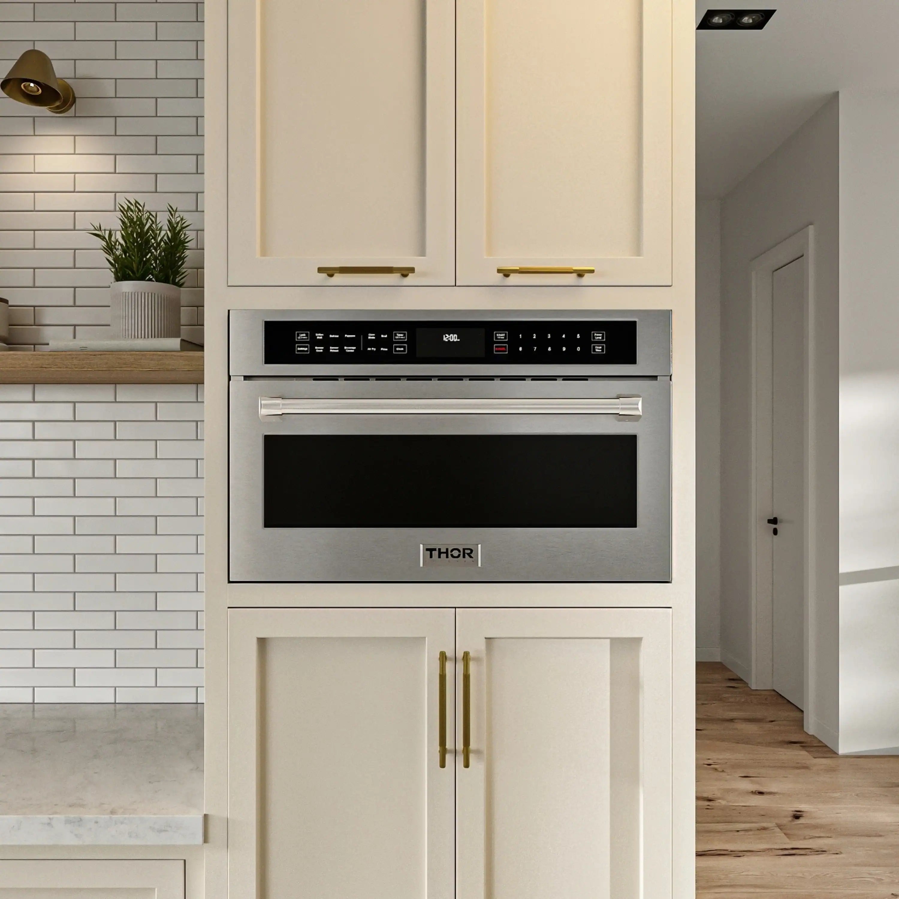 Built-in stainless microwave oven with black window, control panel, and drop-down door.