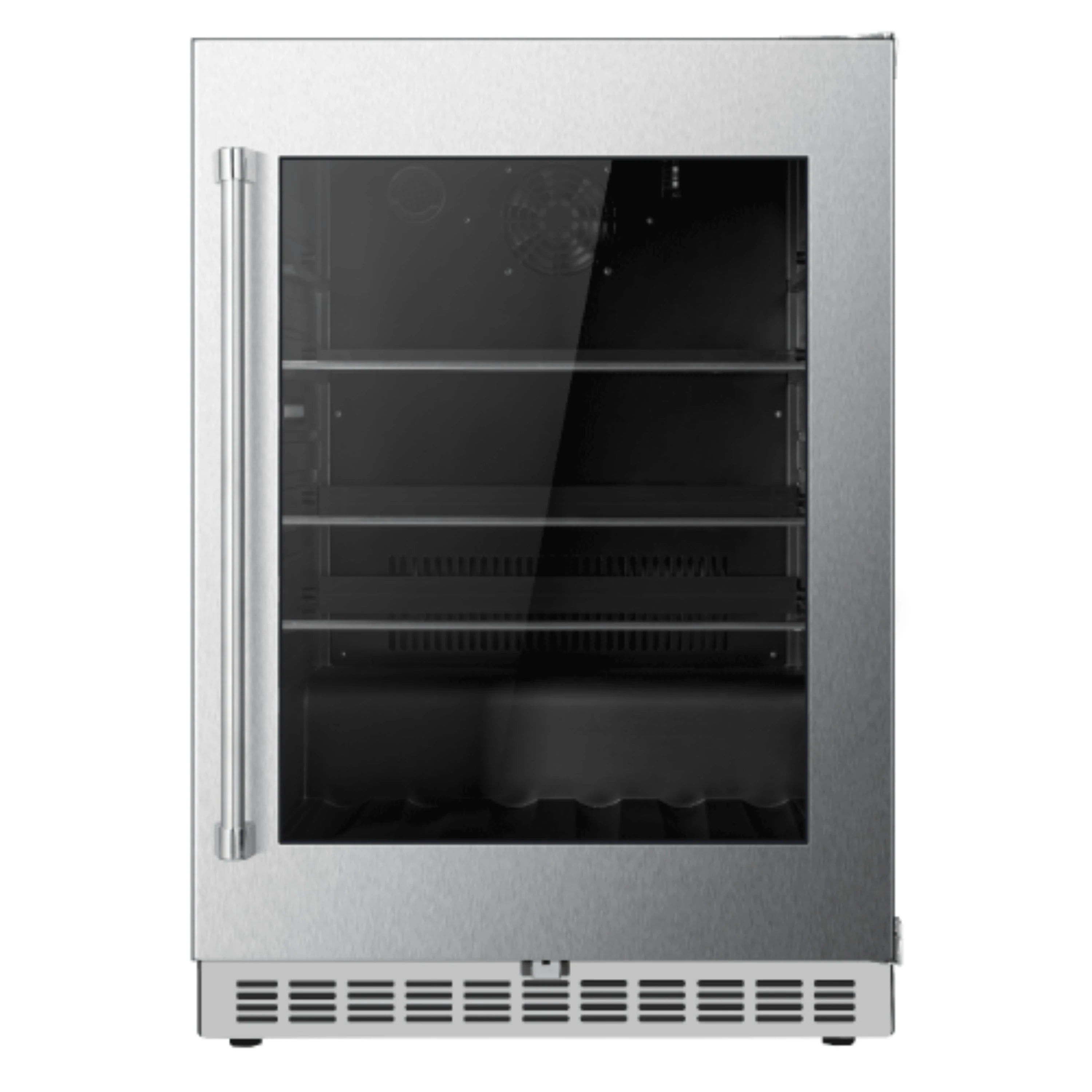Stainless steel single-zone beverage center with glass door and dark interior shelves