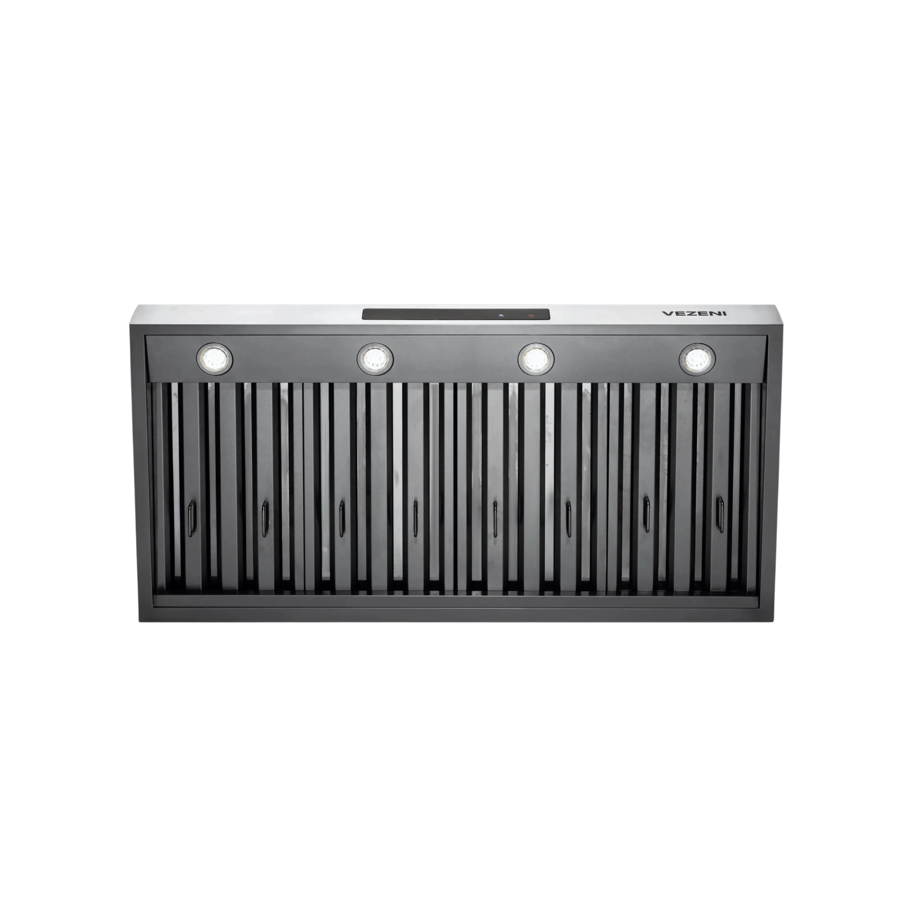 Vezeni stainless range hood with underside grille and four round LED lights.