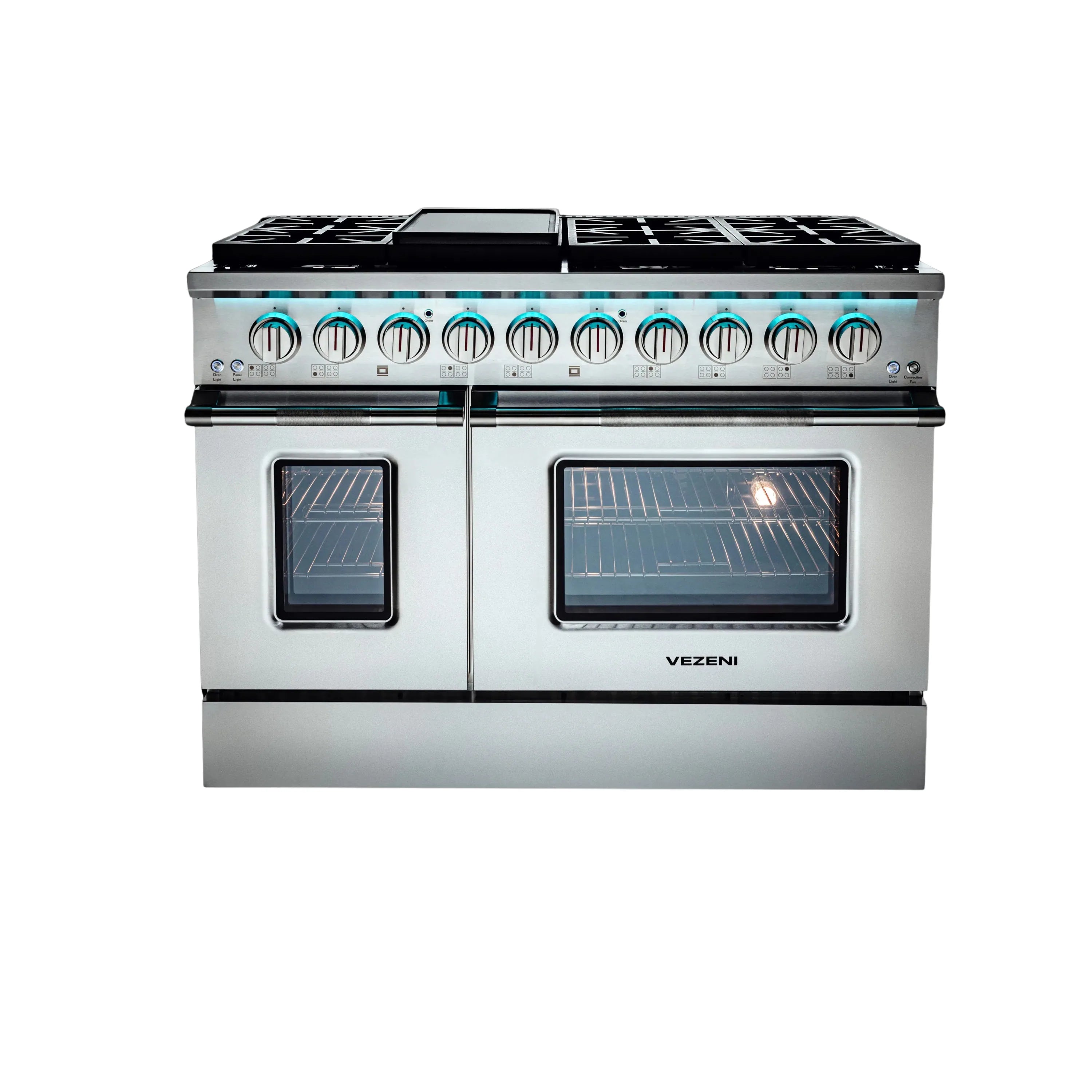 Stainless steel dual fuel range front with burner grates and two oven doors