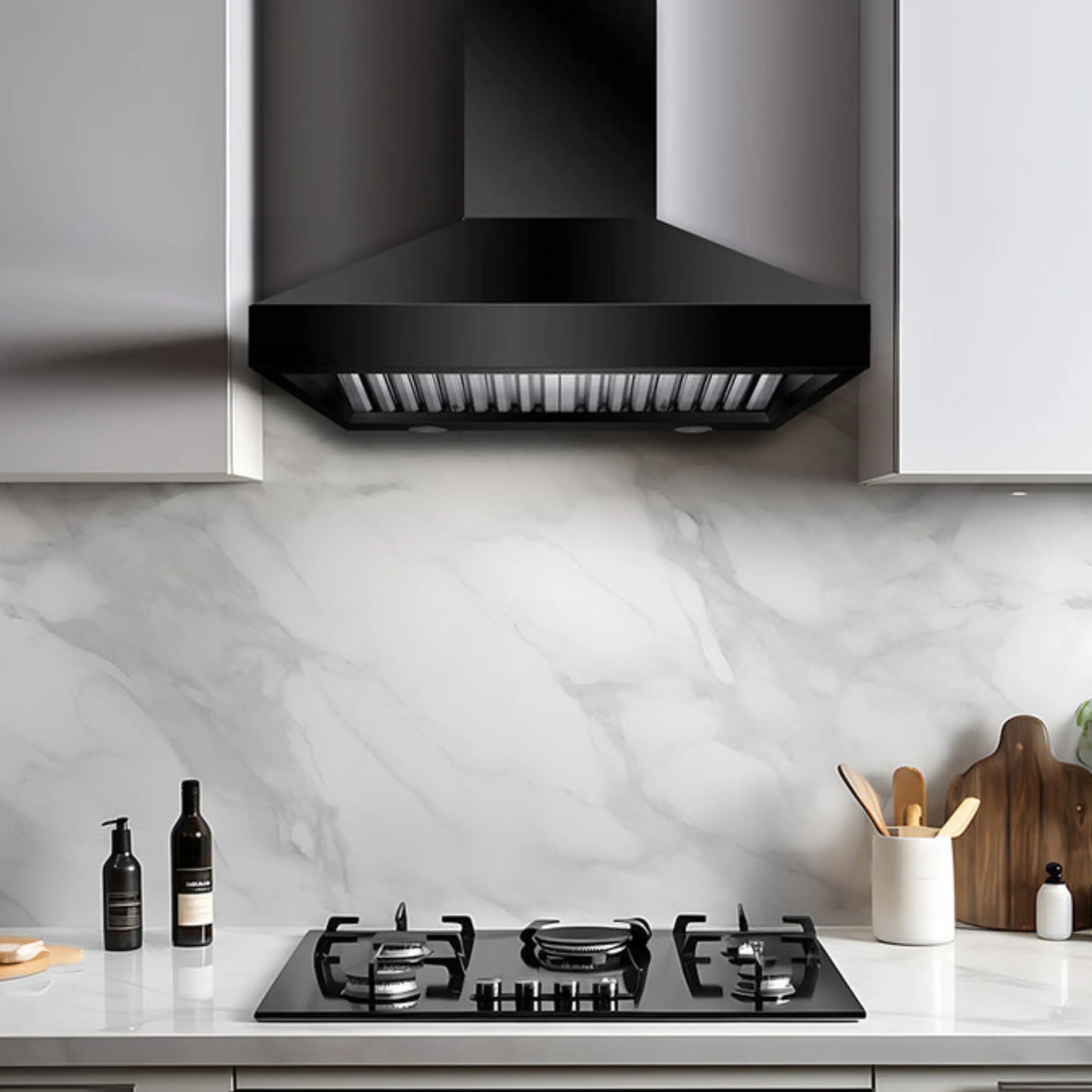 Black wall-mount range hood with slotted vent panel, under-cabinet style chimney