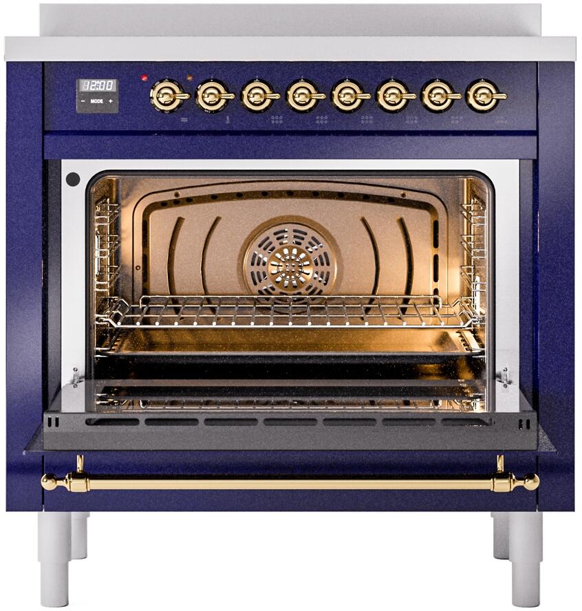 Midnight blue electric induction range with brass handle and open oven cavity with rack