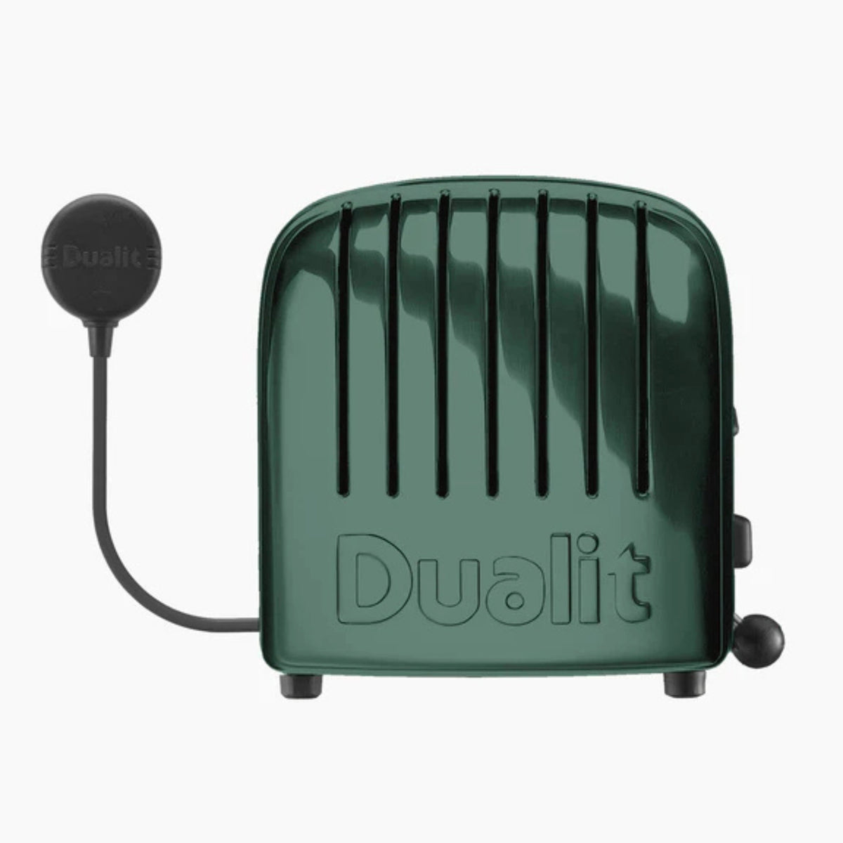 Dualit 4-slice toaster in evergreen green, front slots and power cord visible.