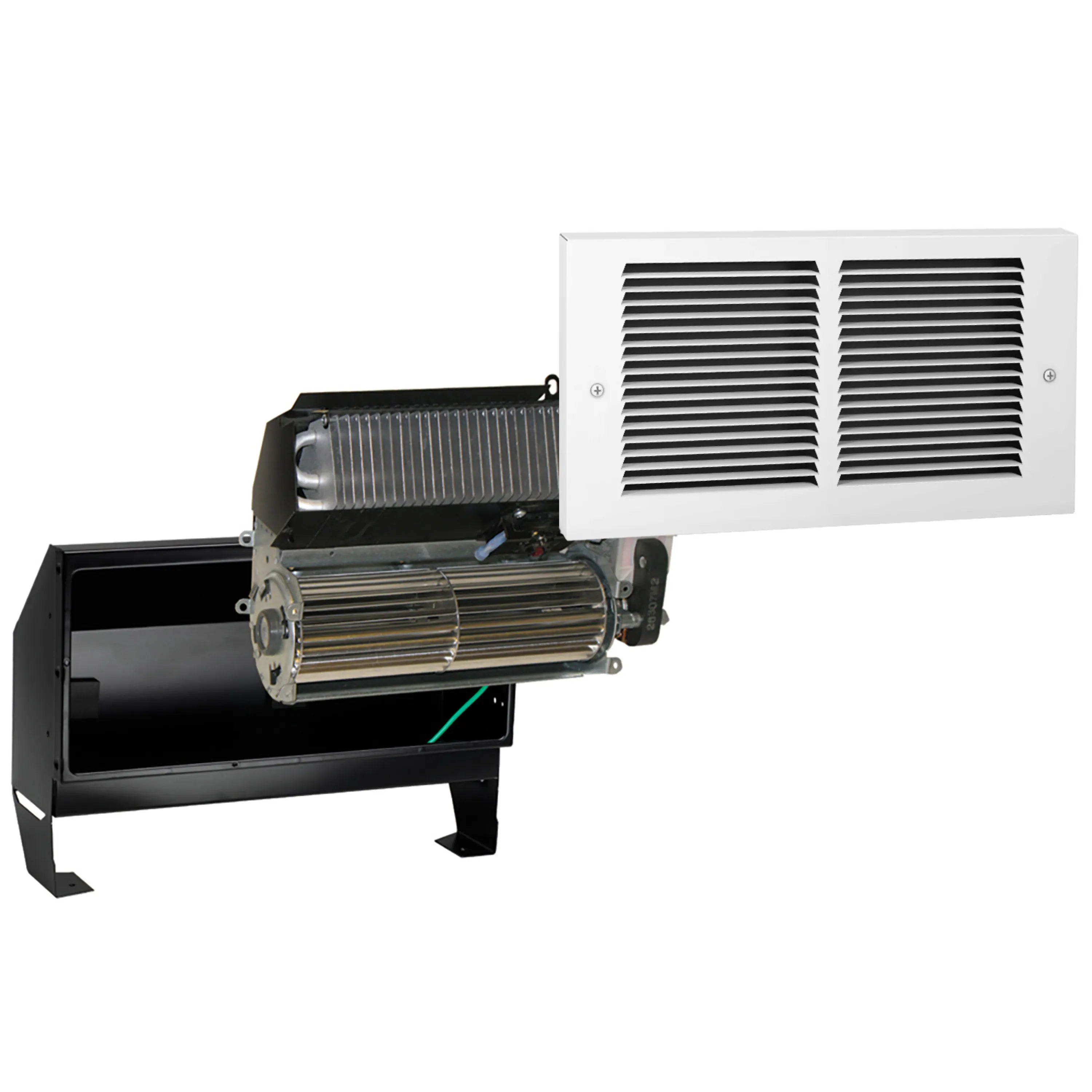 Air intake grille attached to electric firebox with twin black slat vents