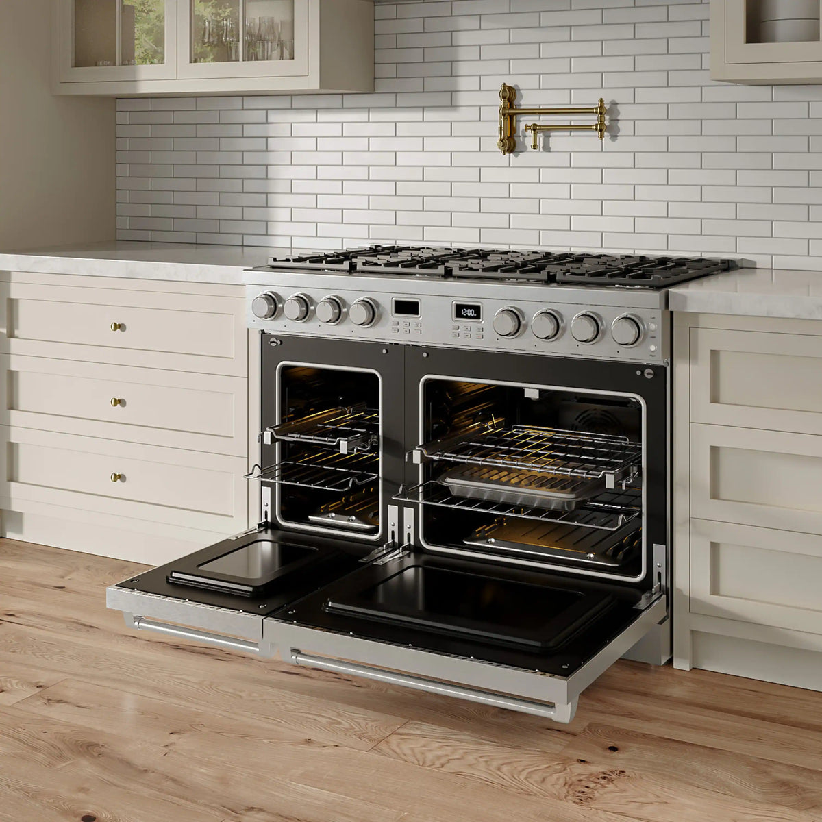 Built-in stainless steel gas range with open dual ovens and exposed racks
