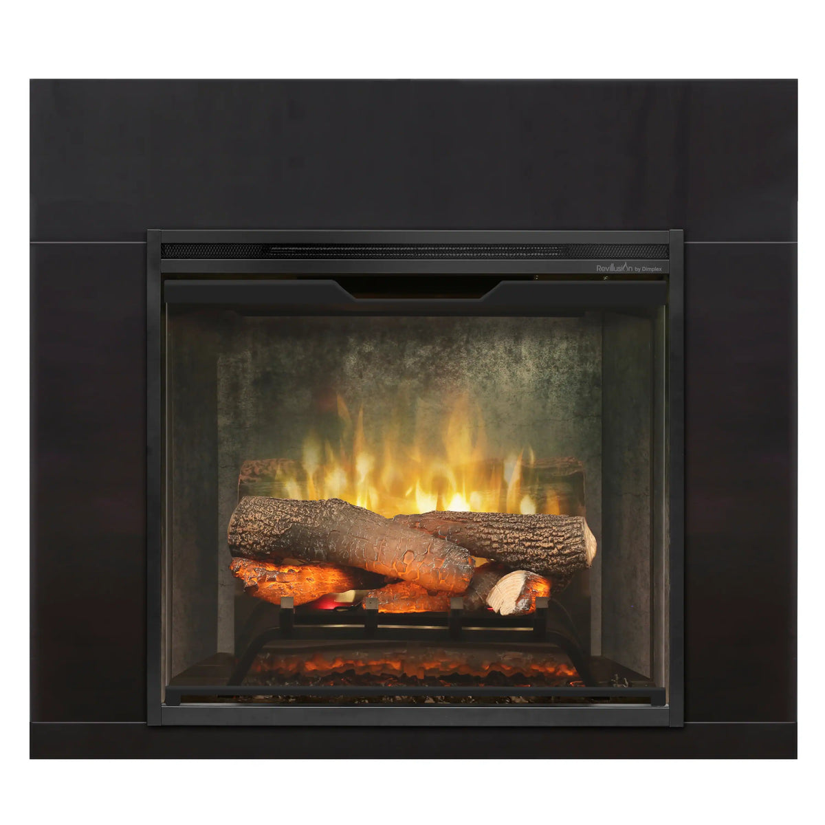 Dimplex Revillusion 36-inch installation trim frame in black around a lit firebox