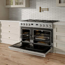 Stainless steel gas range with open dual convection oven doors and six burners