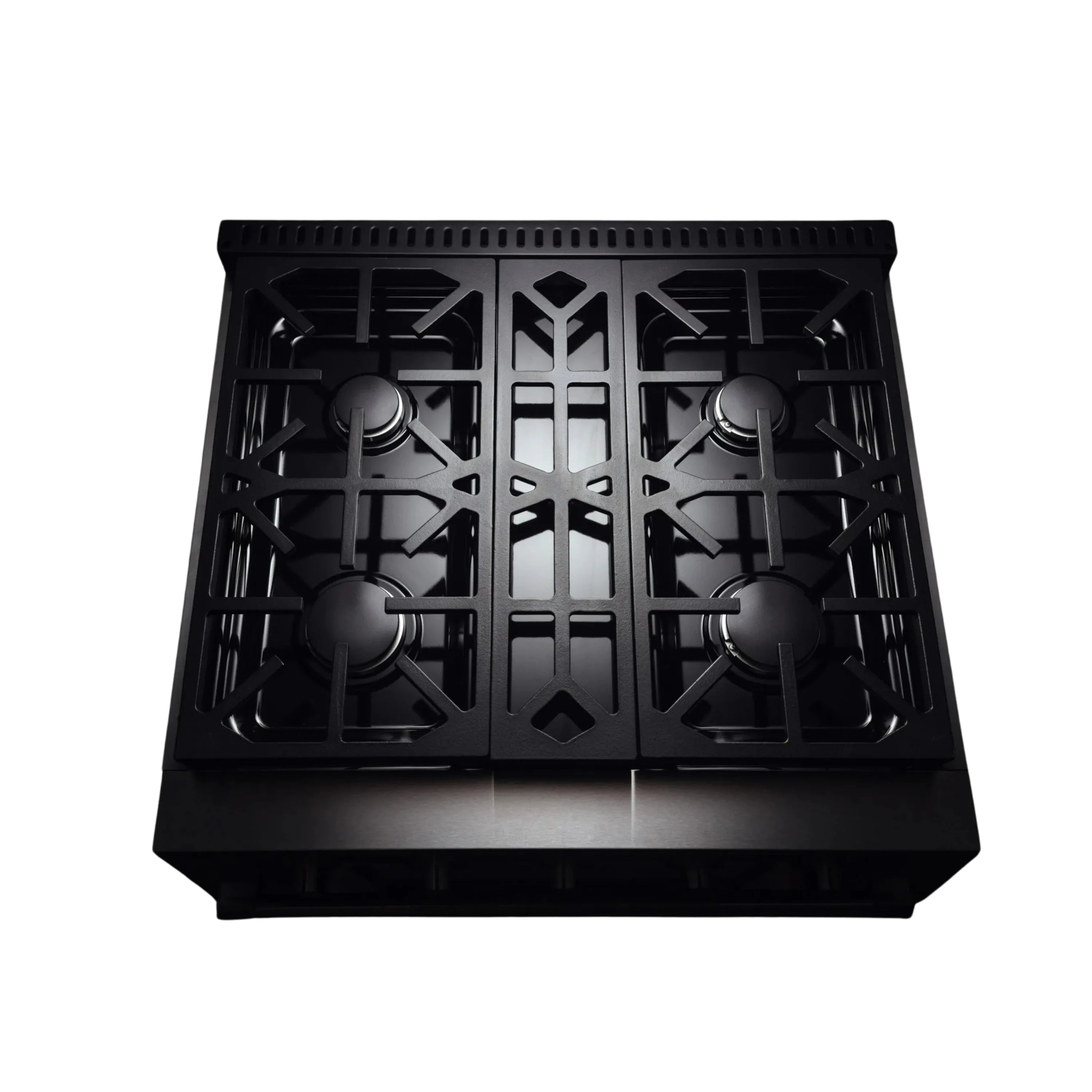 Black cast-iron style cooktop with four burner grates and center divider