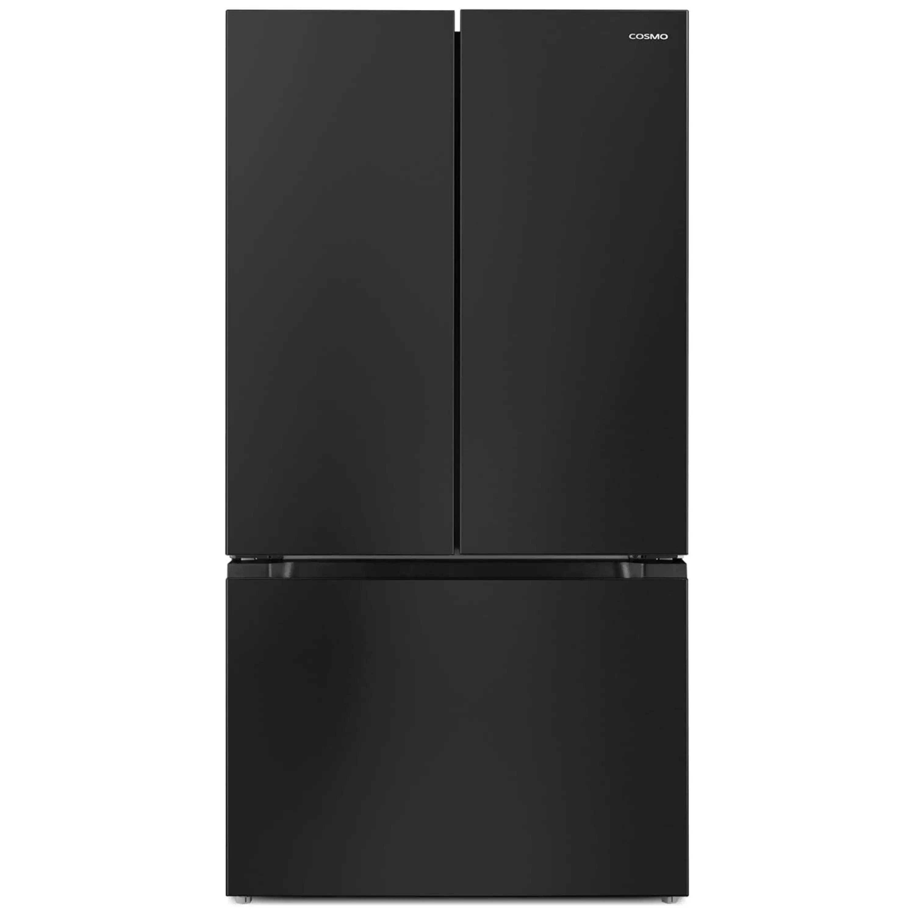 Matte black French door refrigerator with top double doors and bottom freezer drawer