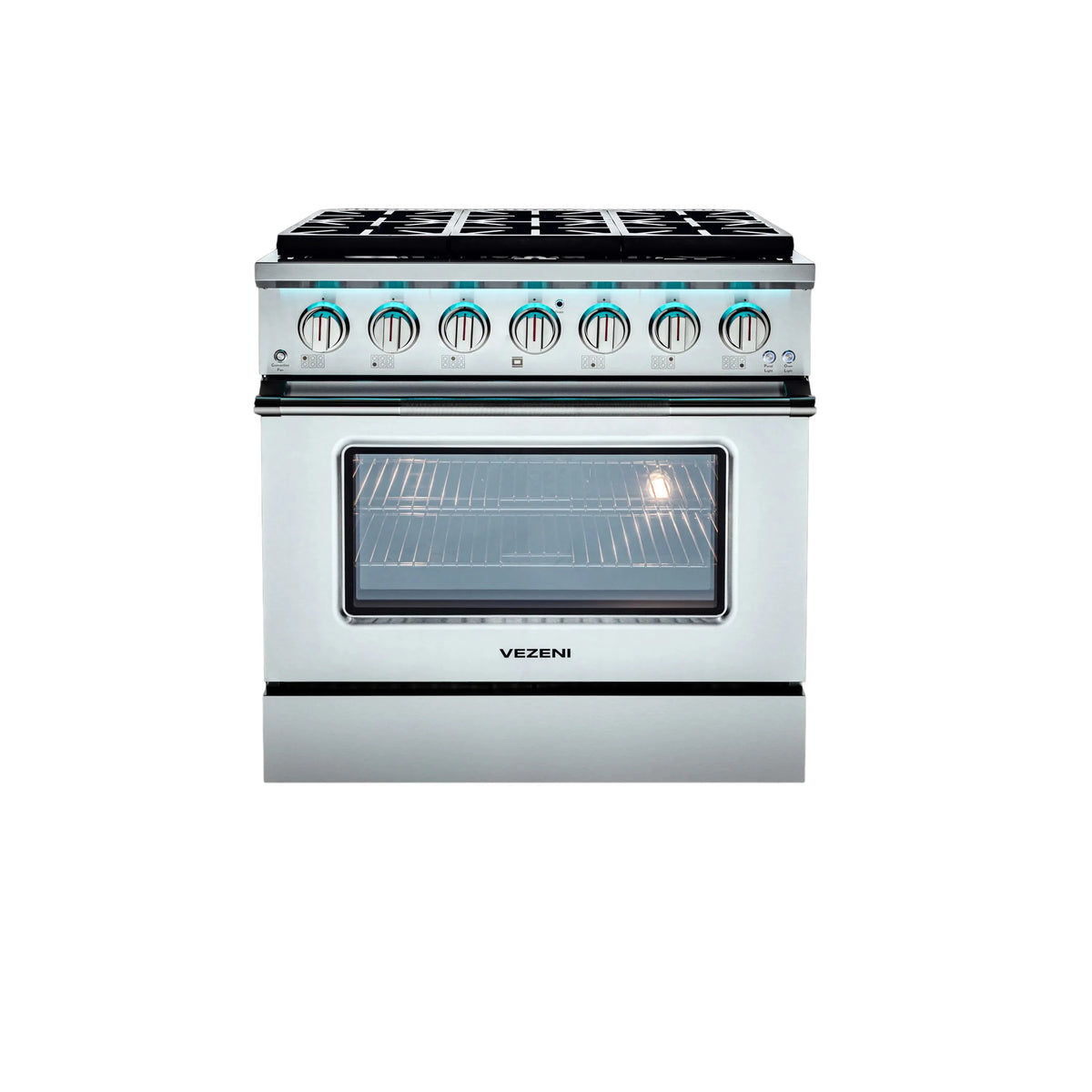 Stainless steel dual fuel range with oven window and front control panel