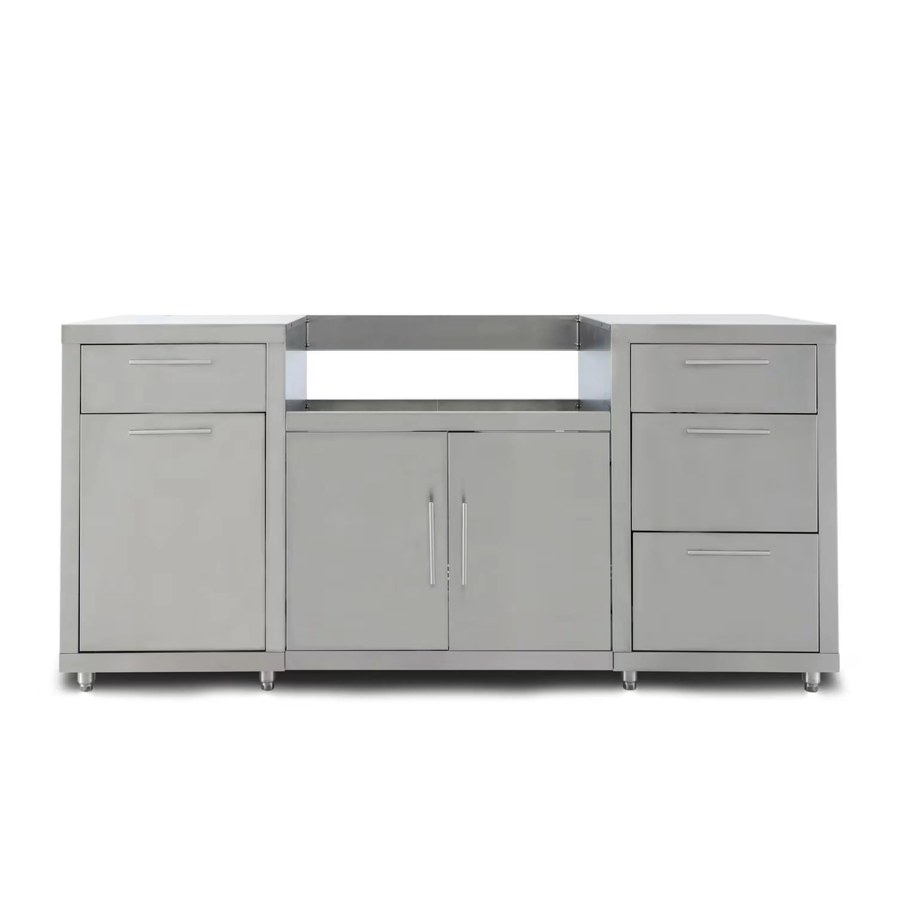 Stainless steel outdoor kitchen island with two doors and four drawers, on casters