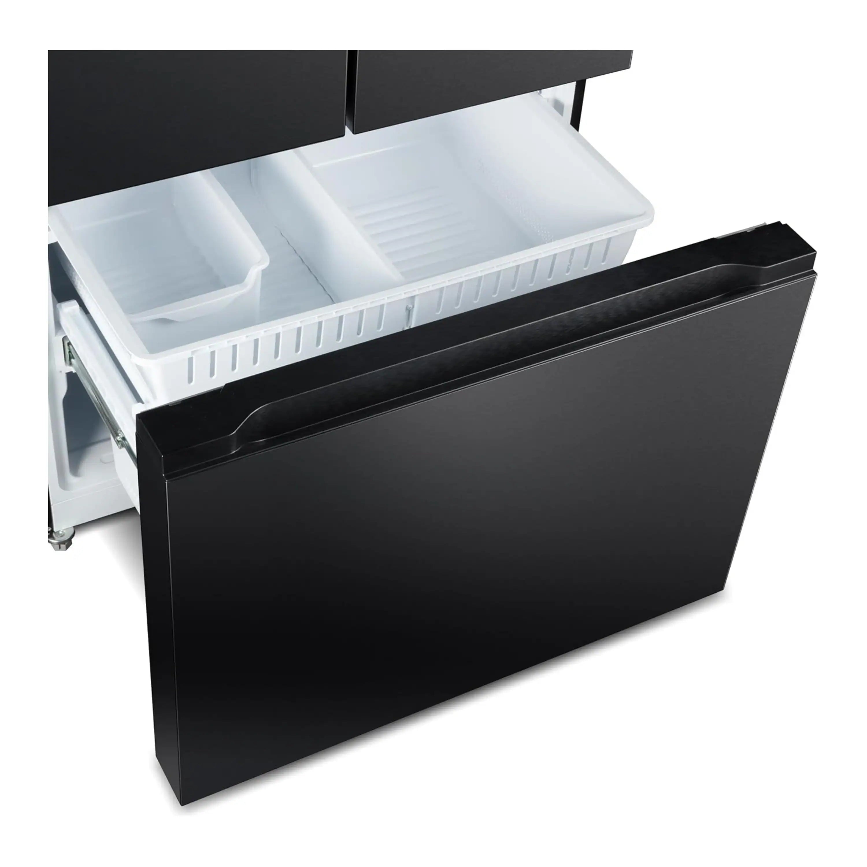 Matte black French door refrigerator with both top doors open and freezer drawer visible